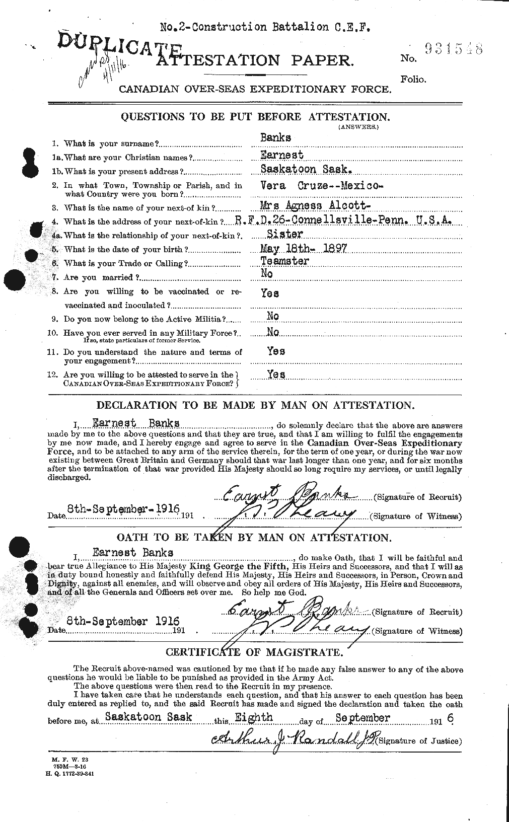 Dossiers du Personnel de la Première Guerre mondiale - CEC 219244a