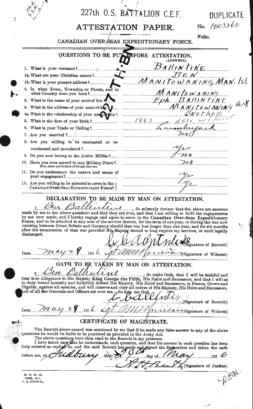 Dossiers du Personnel de la Première Guerre mondiale - CEC 219631a