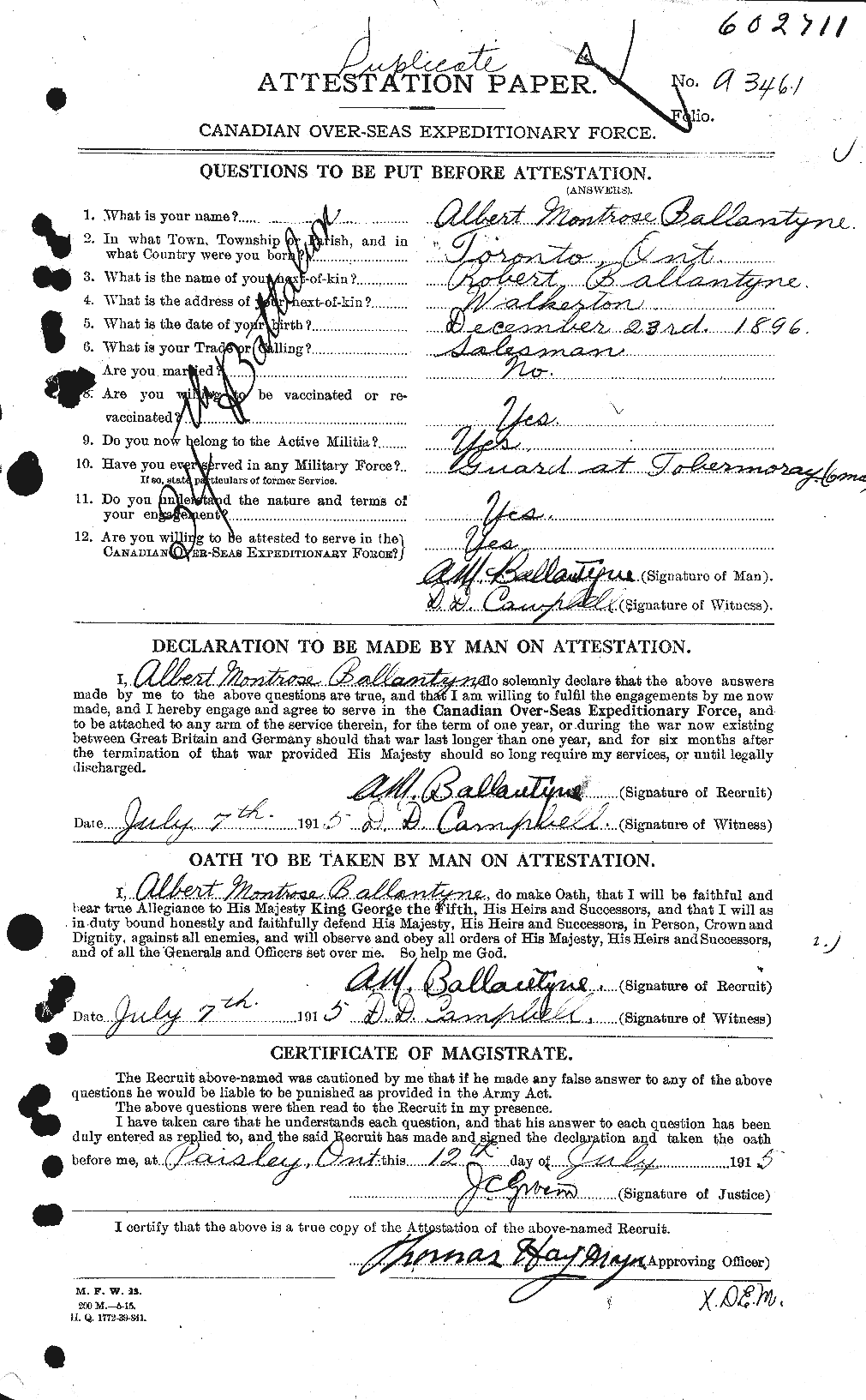 Dossiers du Personnel de la Première Guerre mondiale - CEC 219837a