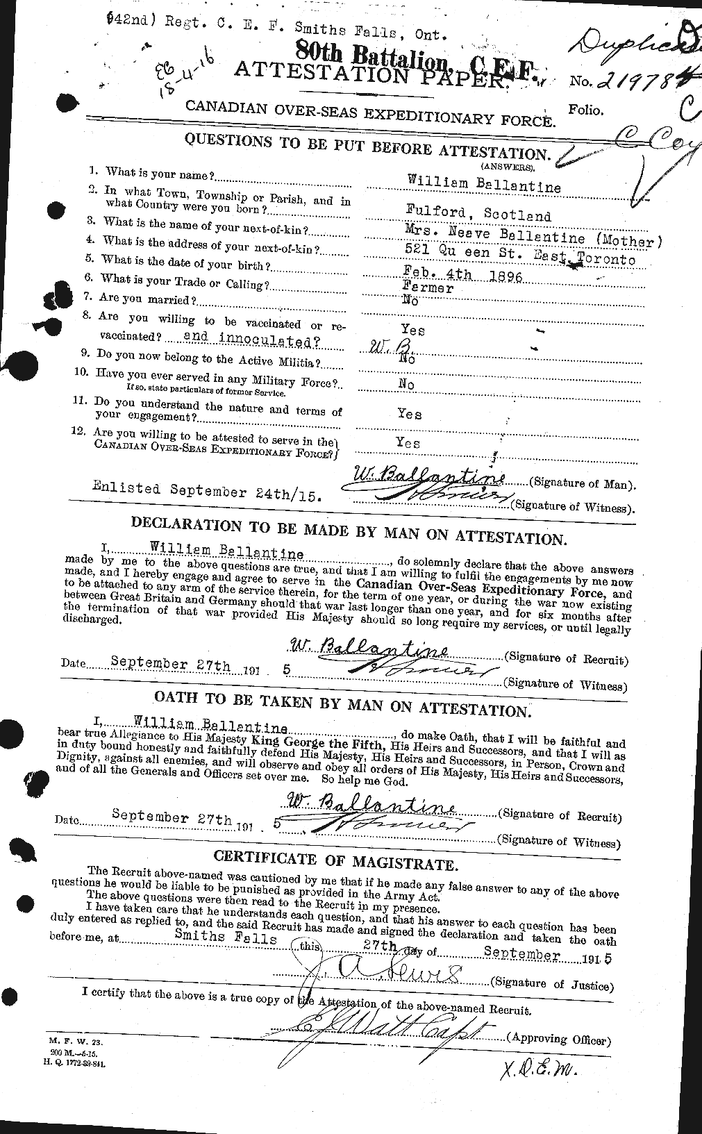 Dossiers du Personnel de la Première Guerre mondiale - CEC 219840a