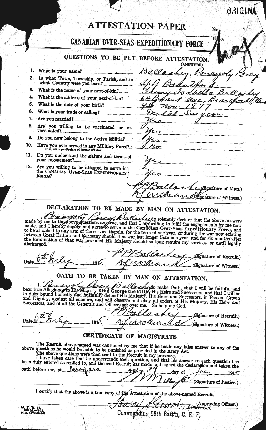 Dossiers du Personnel de la Première Guerre mondiale - CEC 219864a