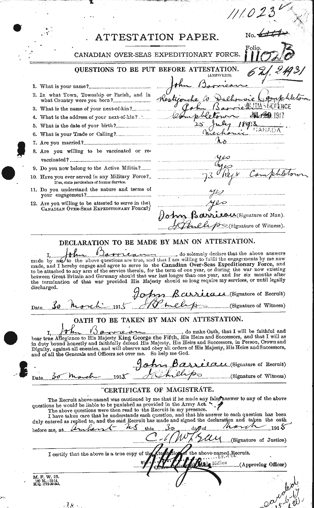 Dossiers du Personnel de la Première Guerre mondiale - CEC 220009a