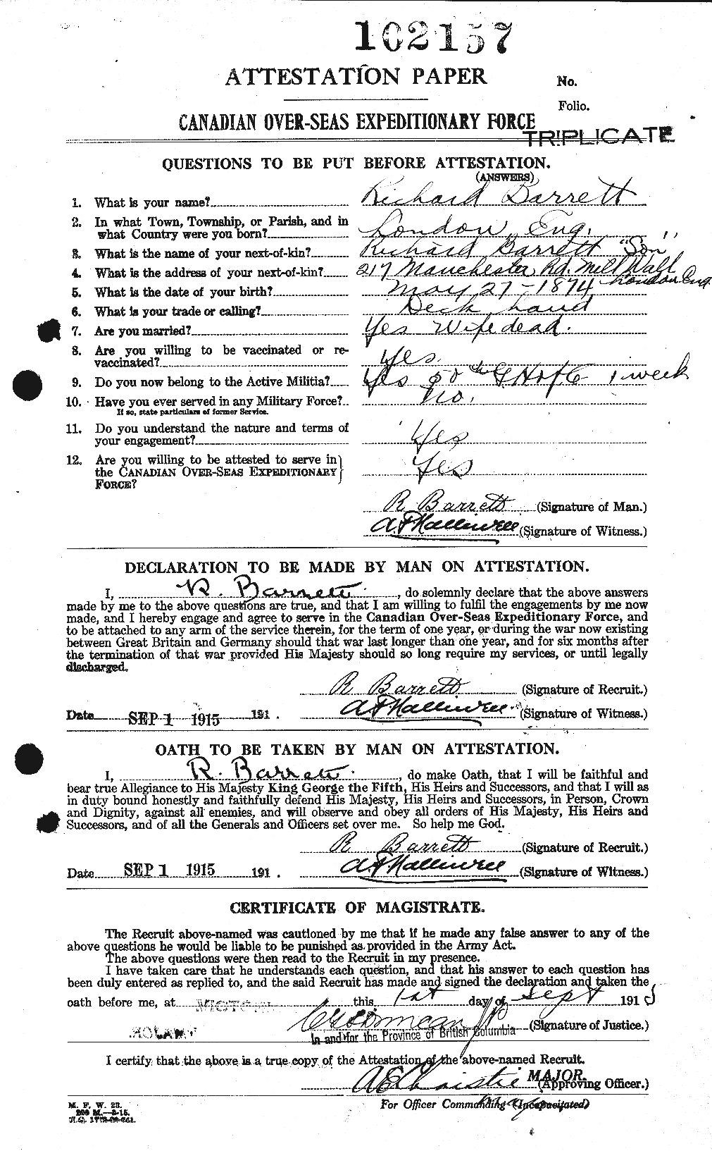 Dossiers du Personnel de la Première Guerre mondiale - CEC 220196a