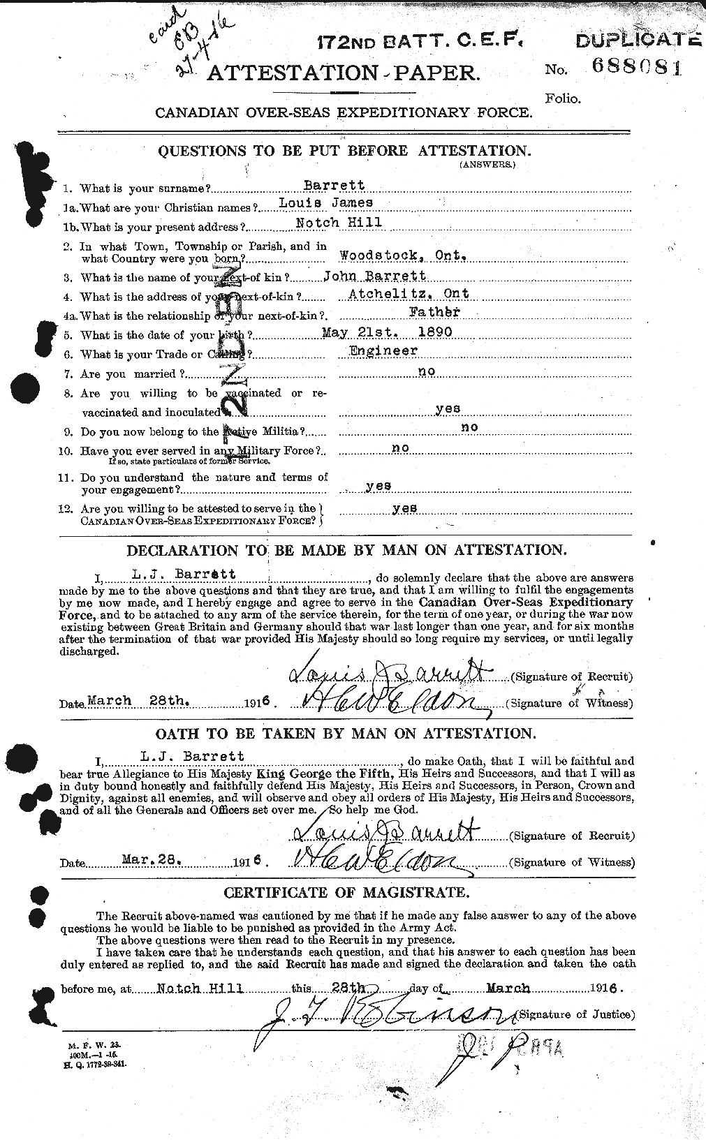 Dossiers du Personnel de la Première Guerre mondiale - CEC 220220a
