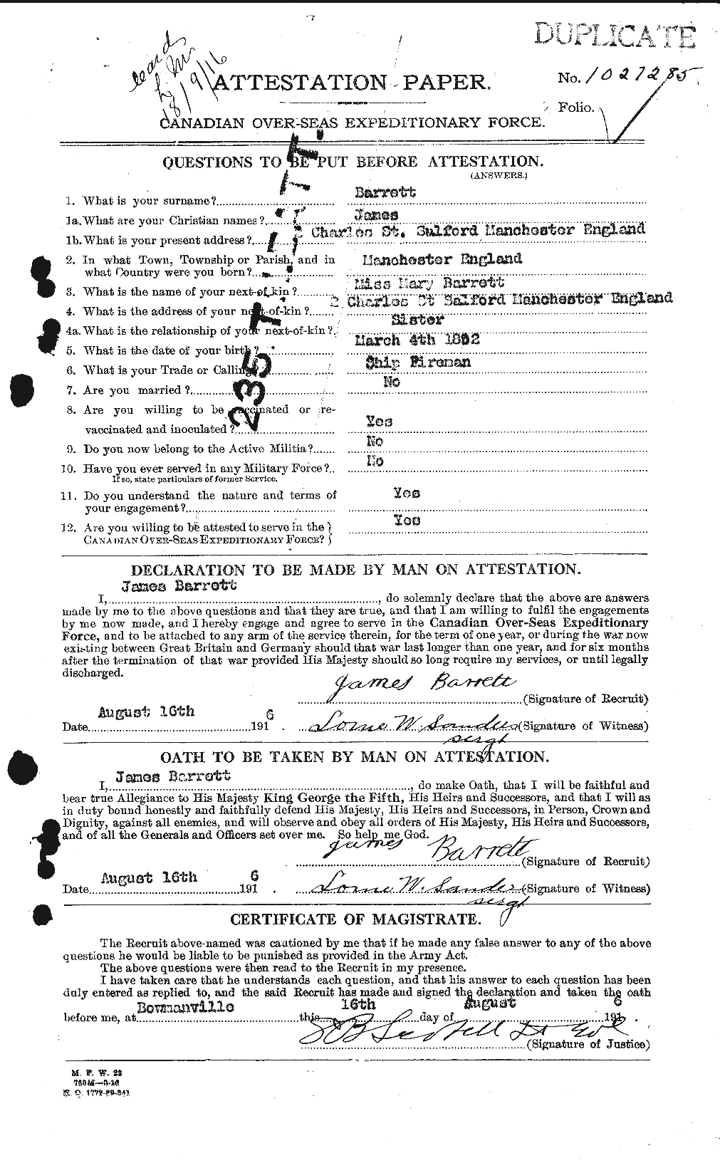 Personnel Records of the First World War - CEF 220262a