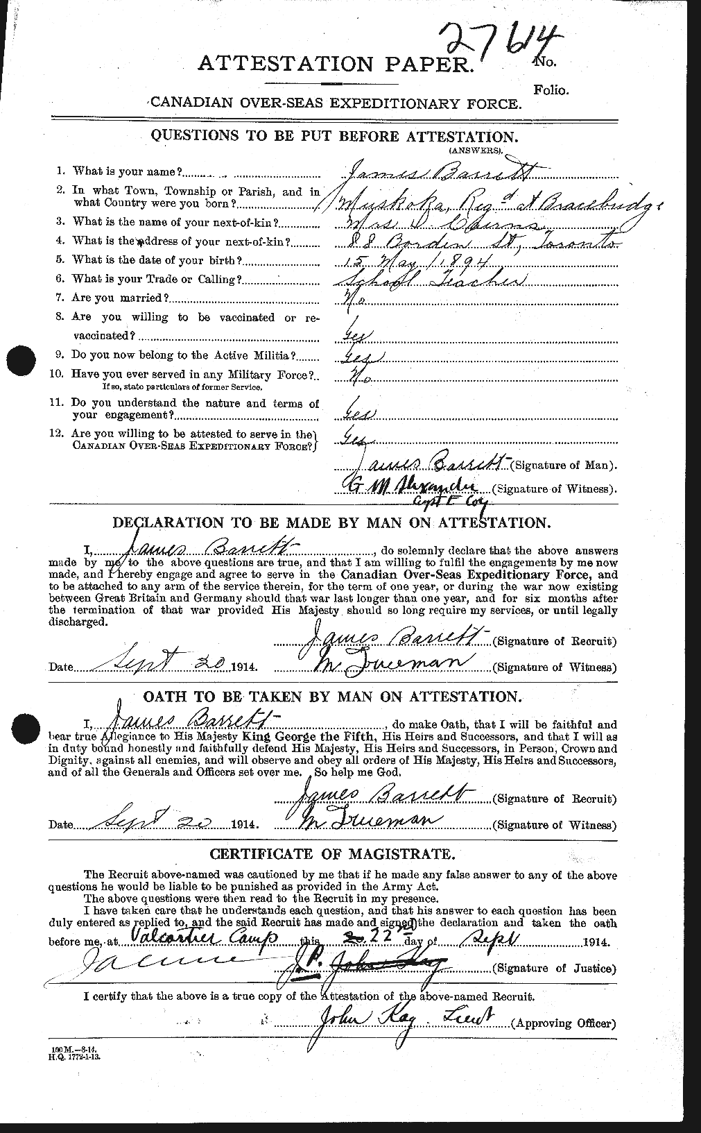 Dossiers du Personnel de la Première Guerre mondiale - CEC 220265a