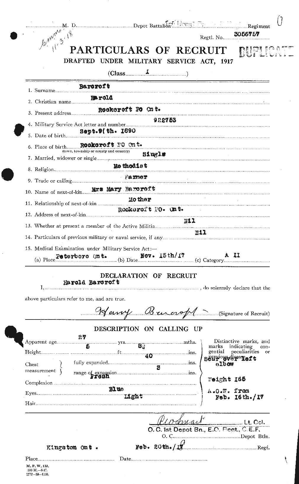 Dossiers du Personnel de la Première Guerre mondiale - CEC 220832a