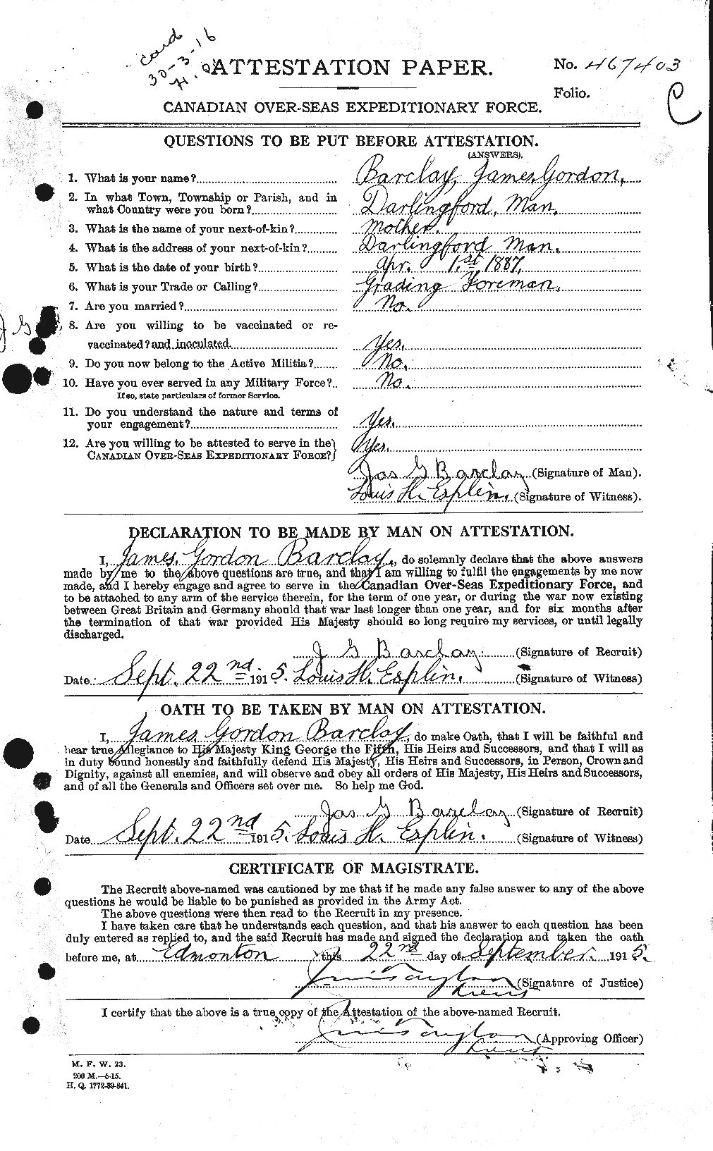 Dossiers du Personnel de la Première Guerre mondiale - CEC 220904a