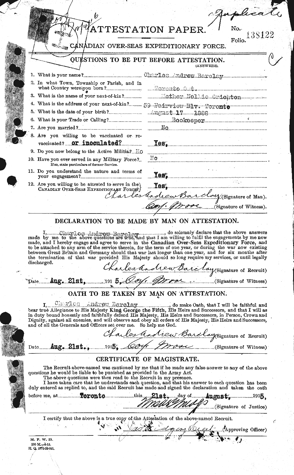 Dossiers du Personnel de la Première Guerre mondiale - CEC 220953a