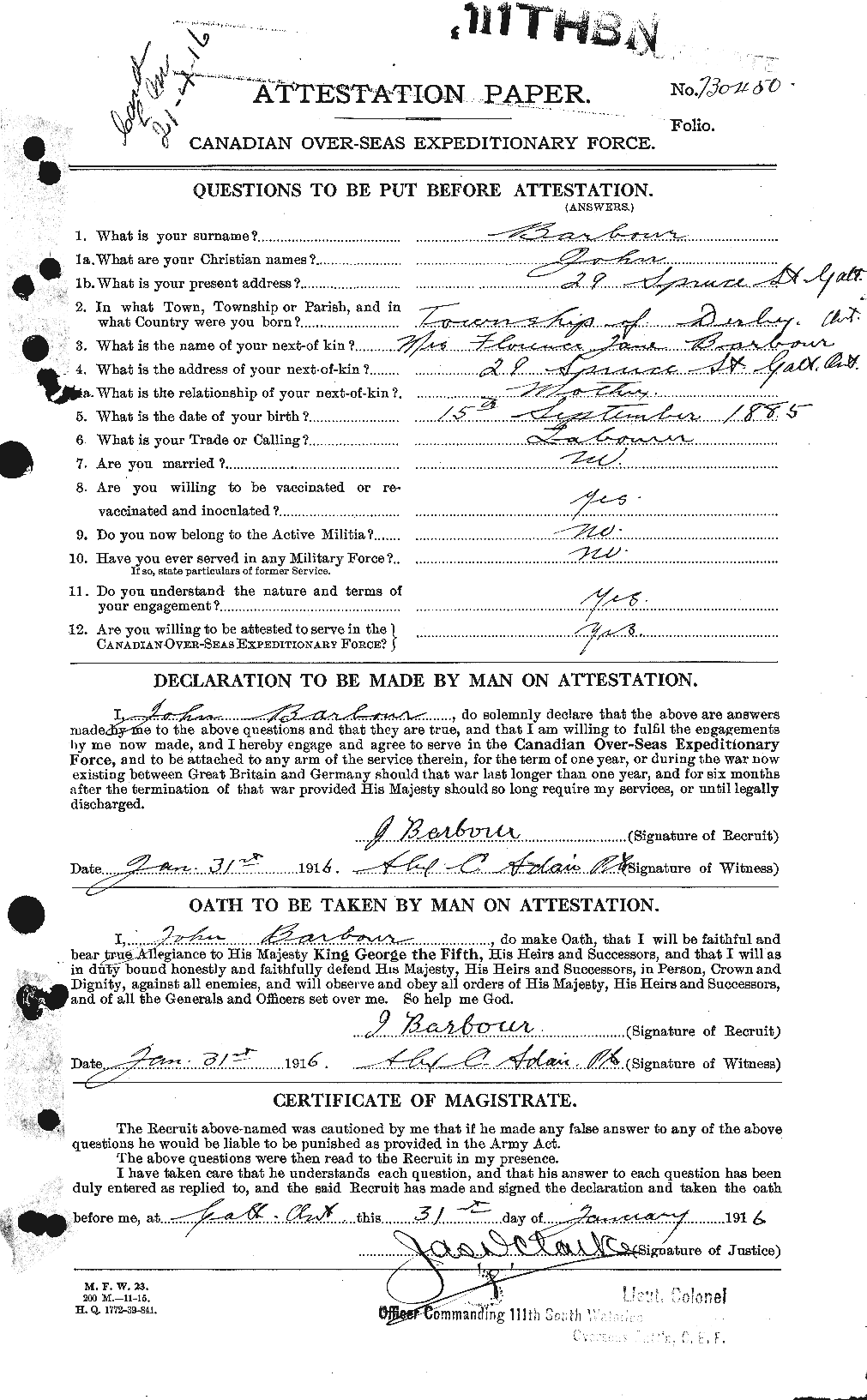 Dossiers du Personnel de la Première Guerre mondiale - CEC 221021a