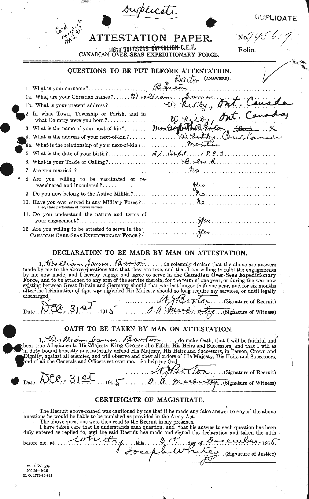 Dossiers du Personnel de la Première Guerre mondiale - CEC 221301a