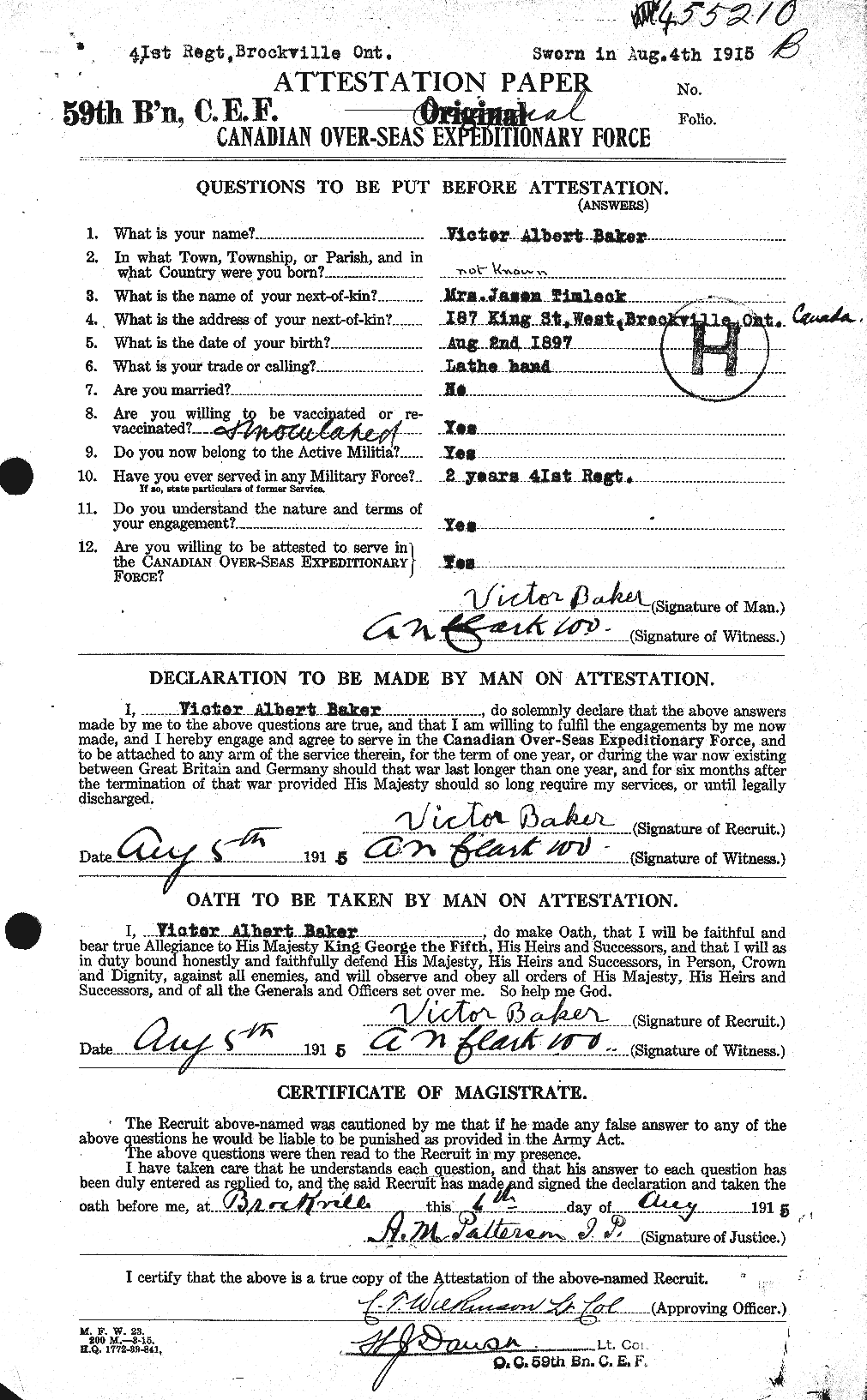 Dossiers du Personnel de la Première Guerre mondiale - CEC 221433a
