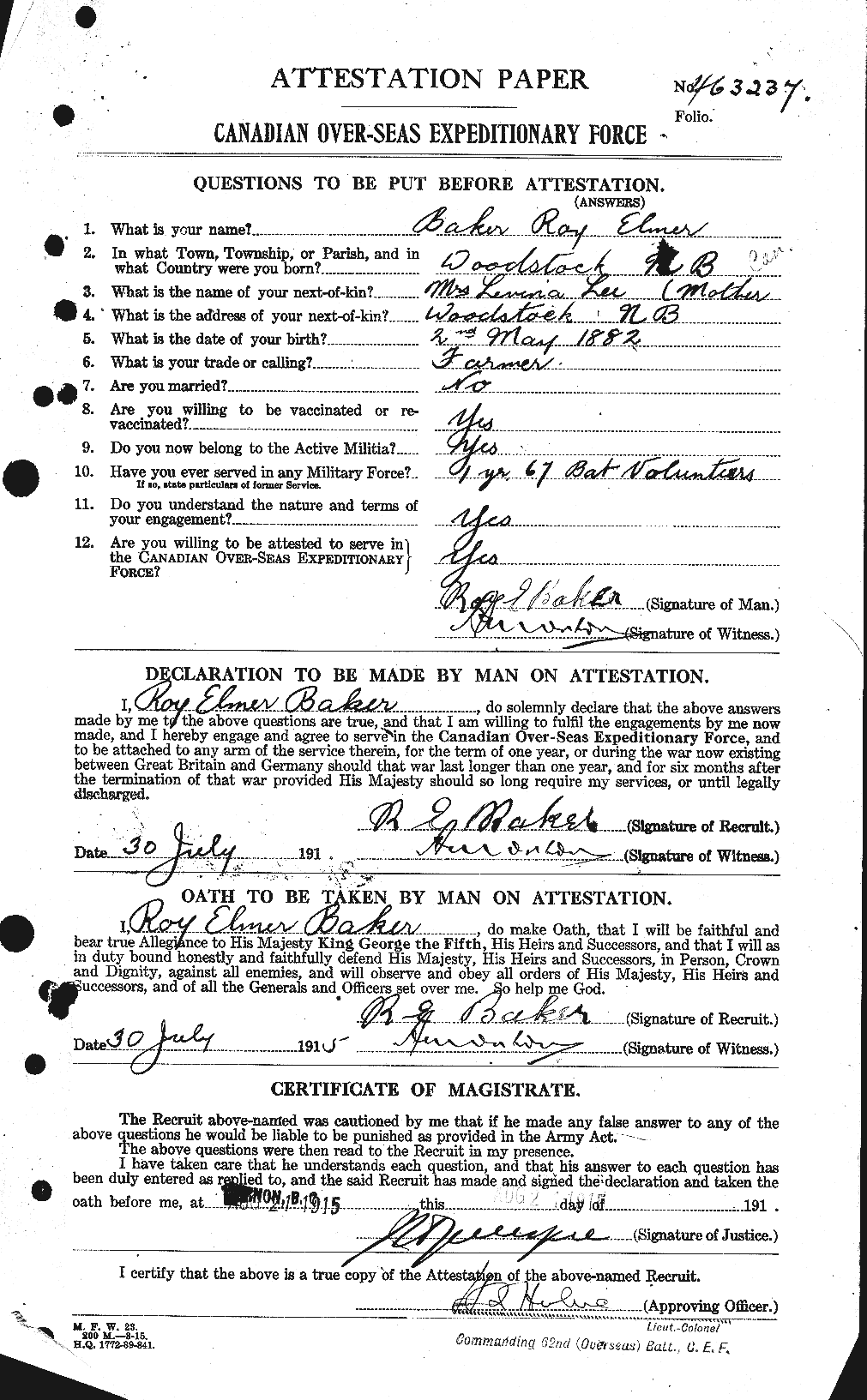 Dossiers du Personnel de la Première Guerre mondiale - CEC 221501a