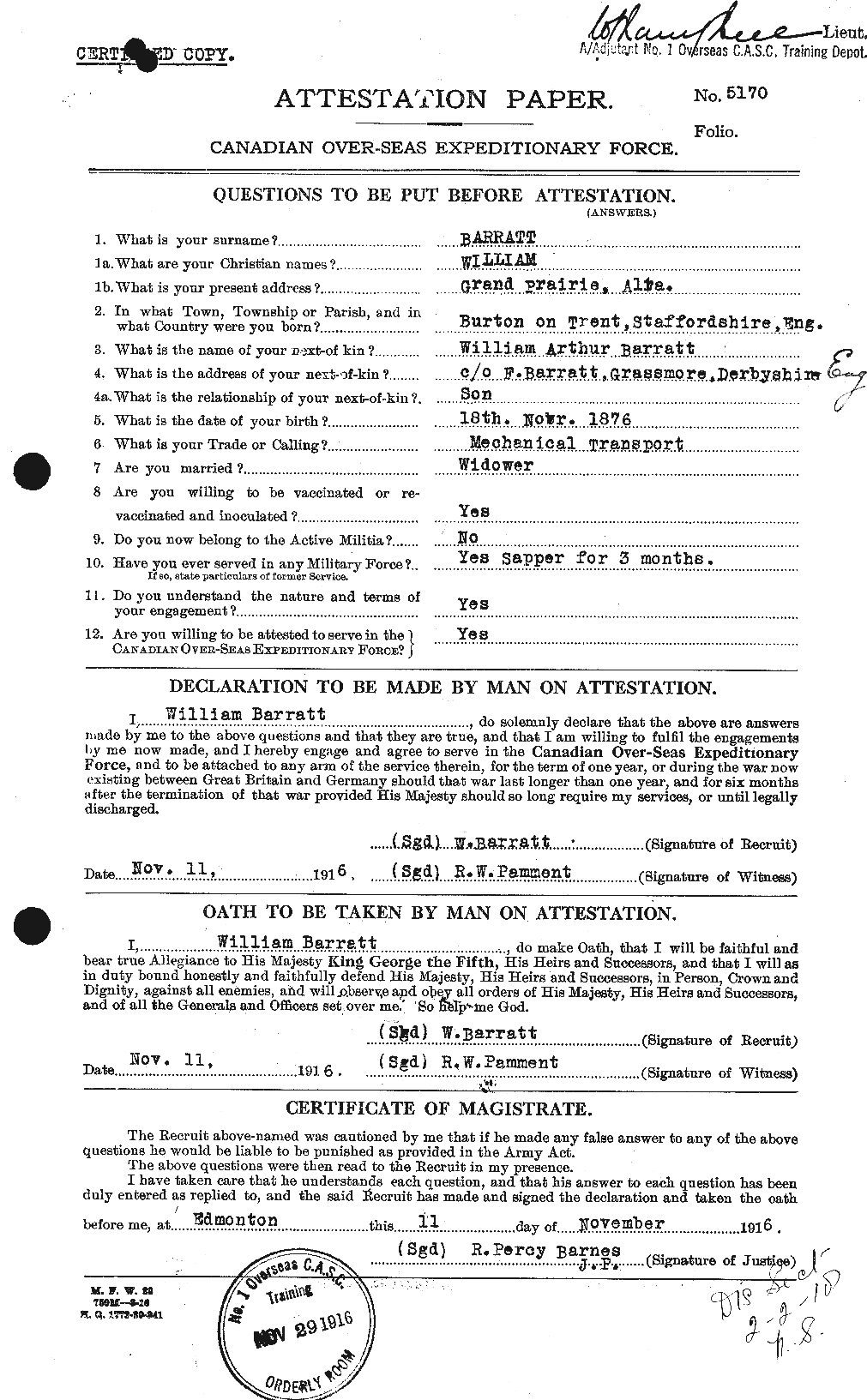 Dossiers du Personnel de la Première Guerre mondiale - CEC 221955a
