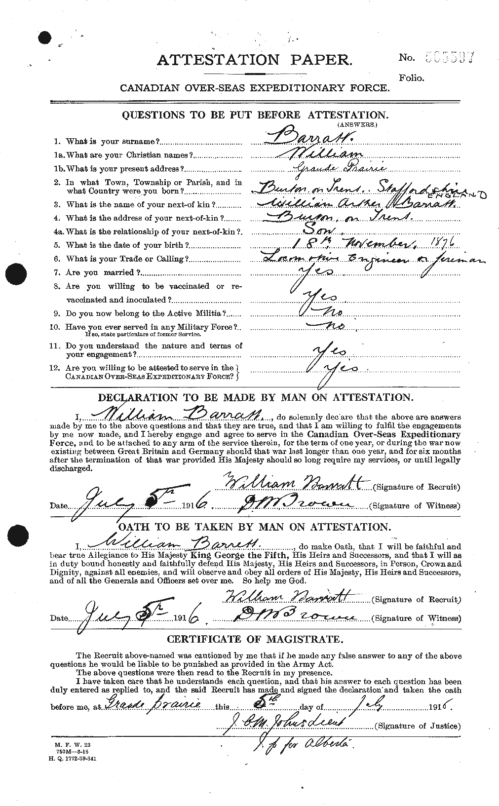 Dossiers du Personnel de la Première Guerre mondiale - CEC 221956a