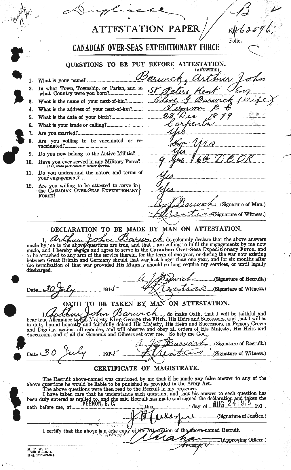 Dossiers du Personnel de la Première Guerre mondiale - CEC 222002a