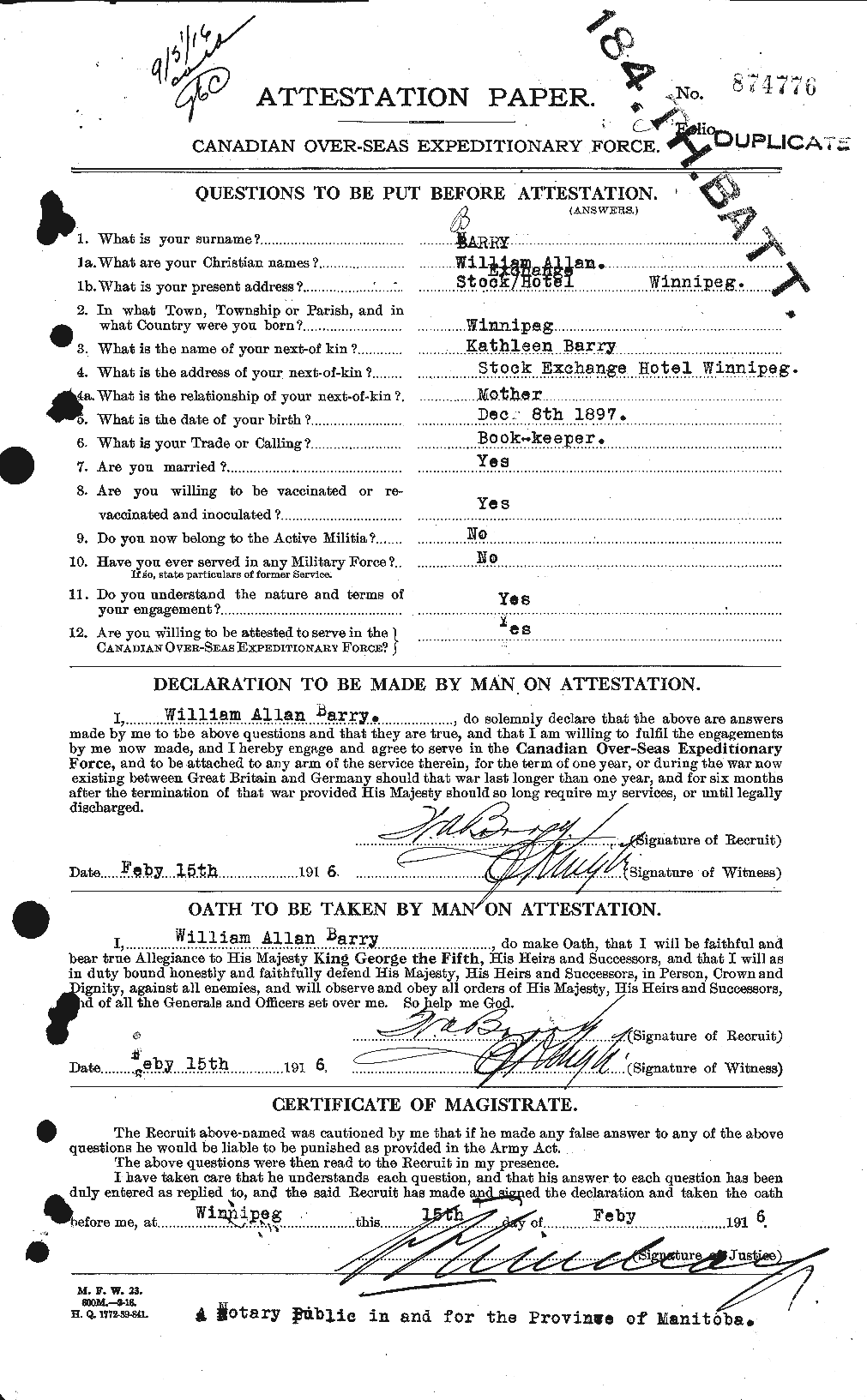 Dossiers du Personnel de la Première Guerre mondiale - CEC 222052a