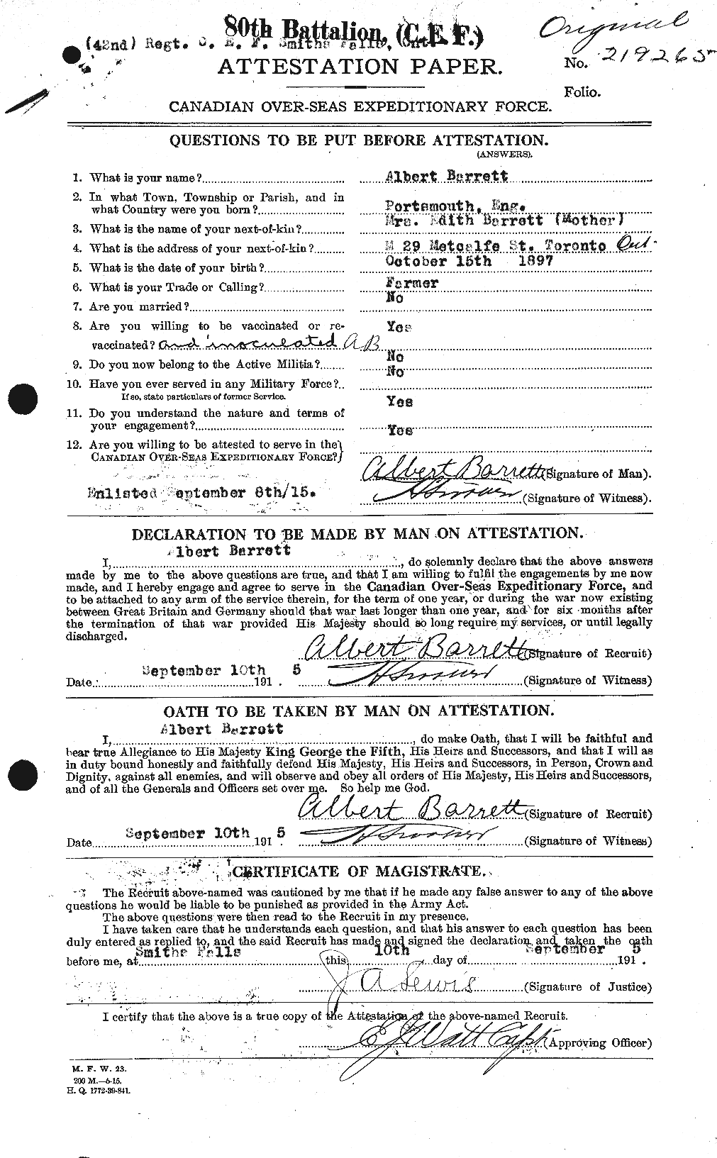 Dossiers du Personnel de la Première Guerre mondiale - CEC 222209a