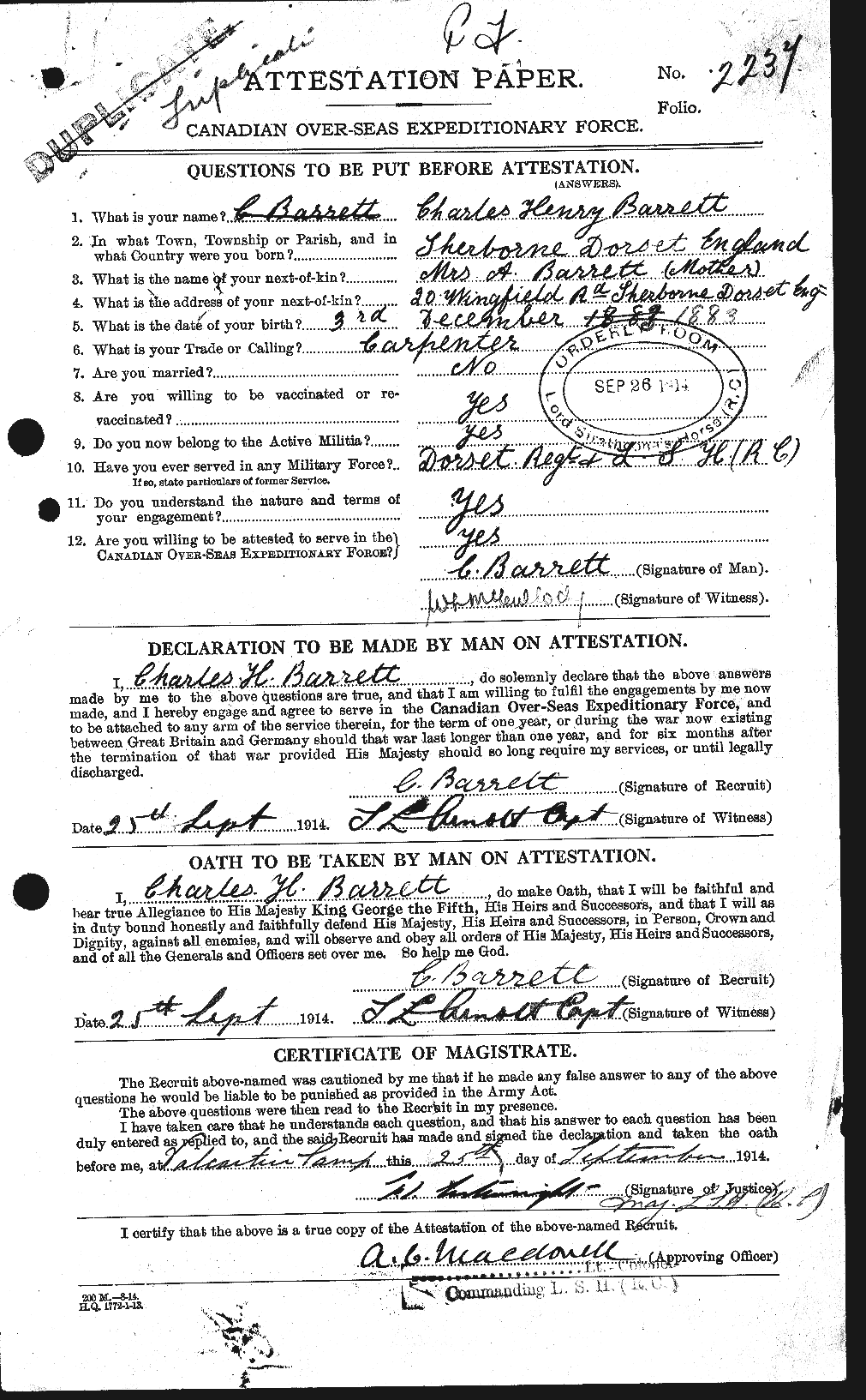 Personnel Records of the First World War - CEF 222226a