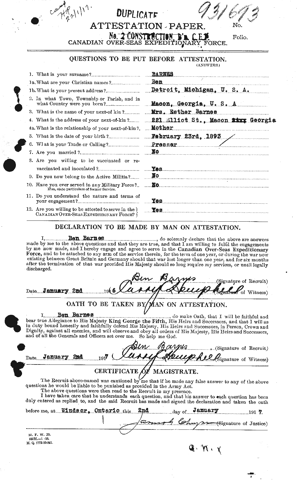 Dossiers du Personnel de la Première Guerre mondiale - CEC 222646a
