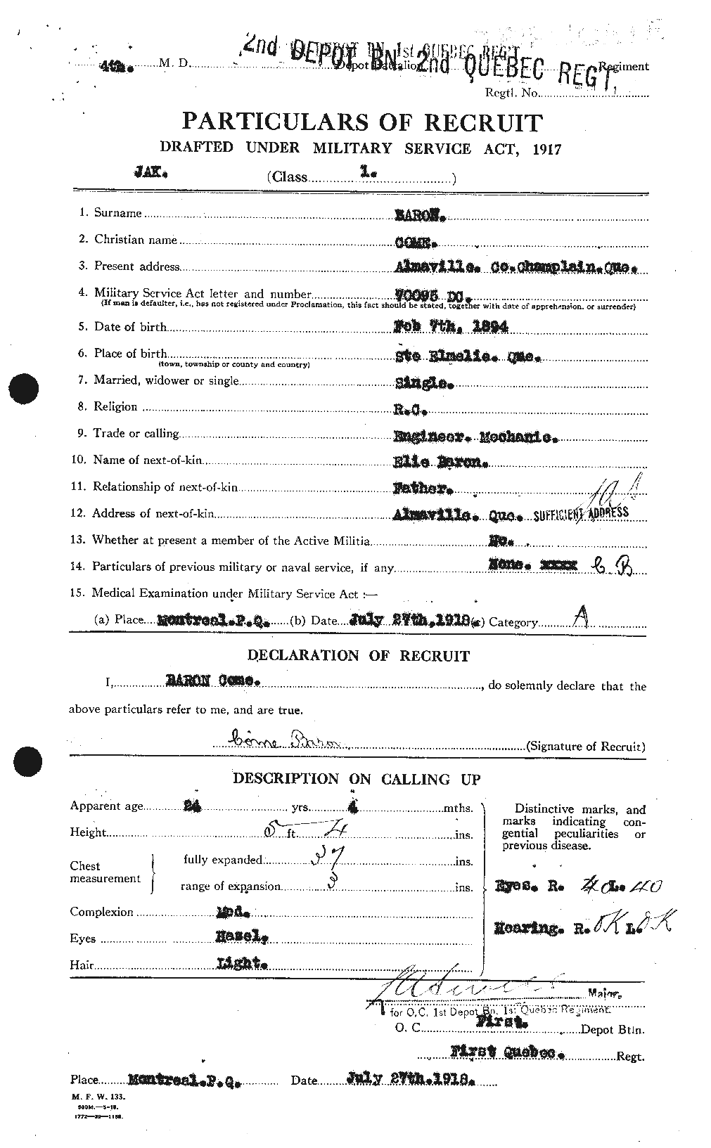 Dossiers du Personnel de la Première Guerre mondiale - CEC 222715a