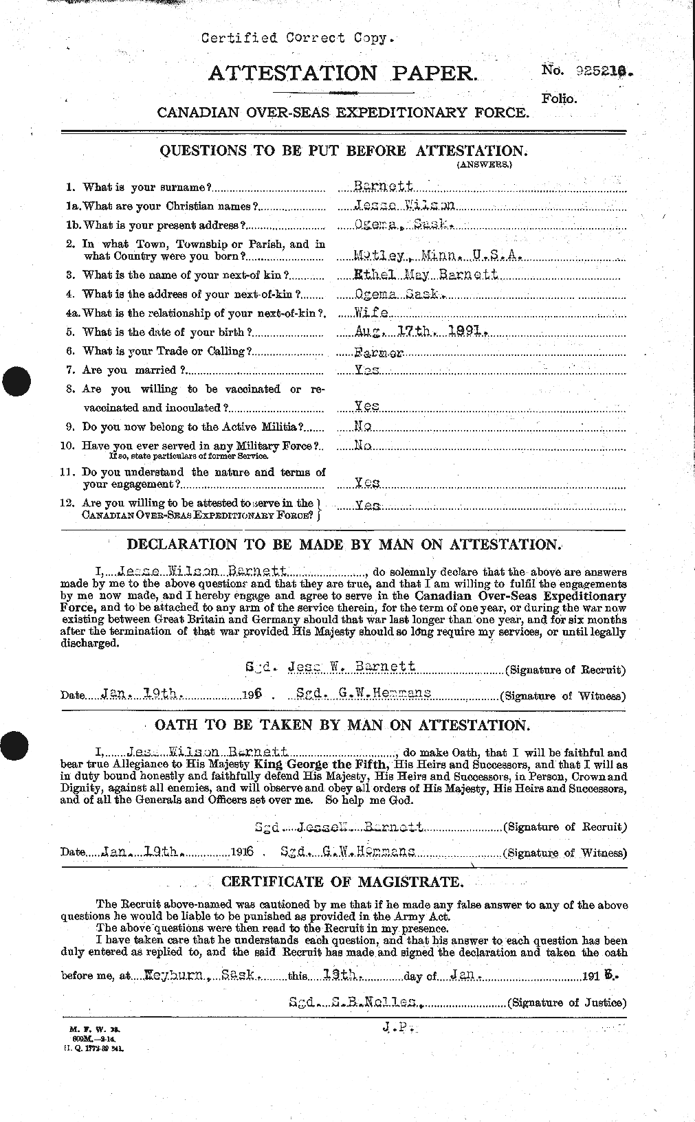 Dossiers du Personnel de la Première Guerre mondiale - CEC 222939a