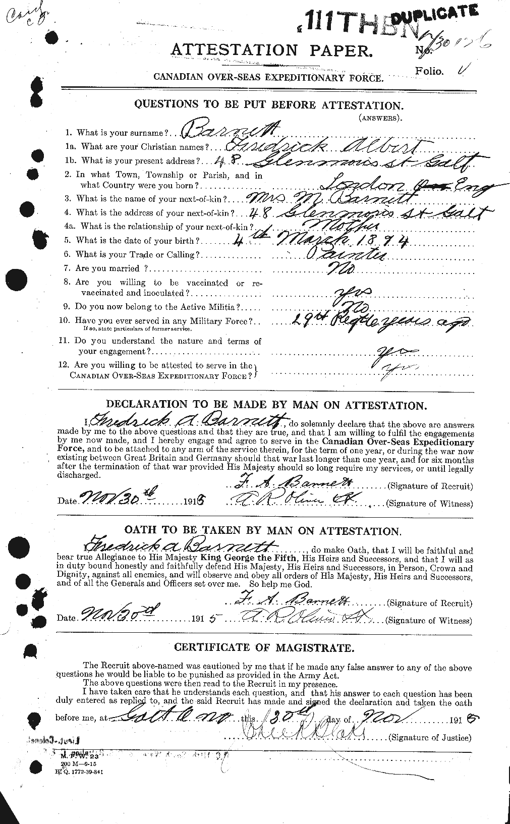 Dossiers du Personnel de la Première Guerre mondiale - CEC 222973a