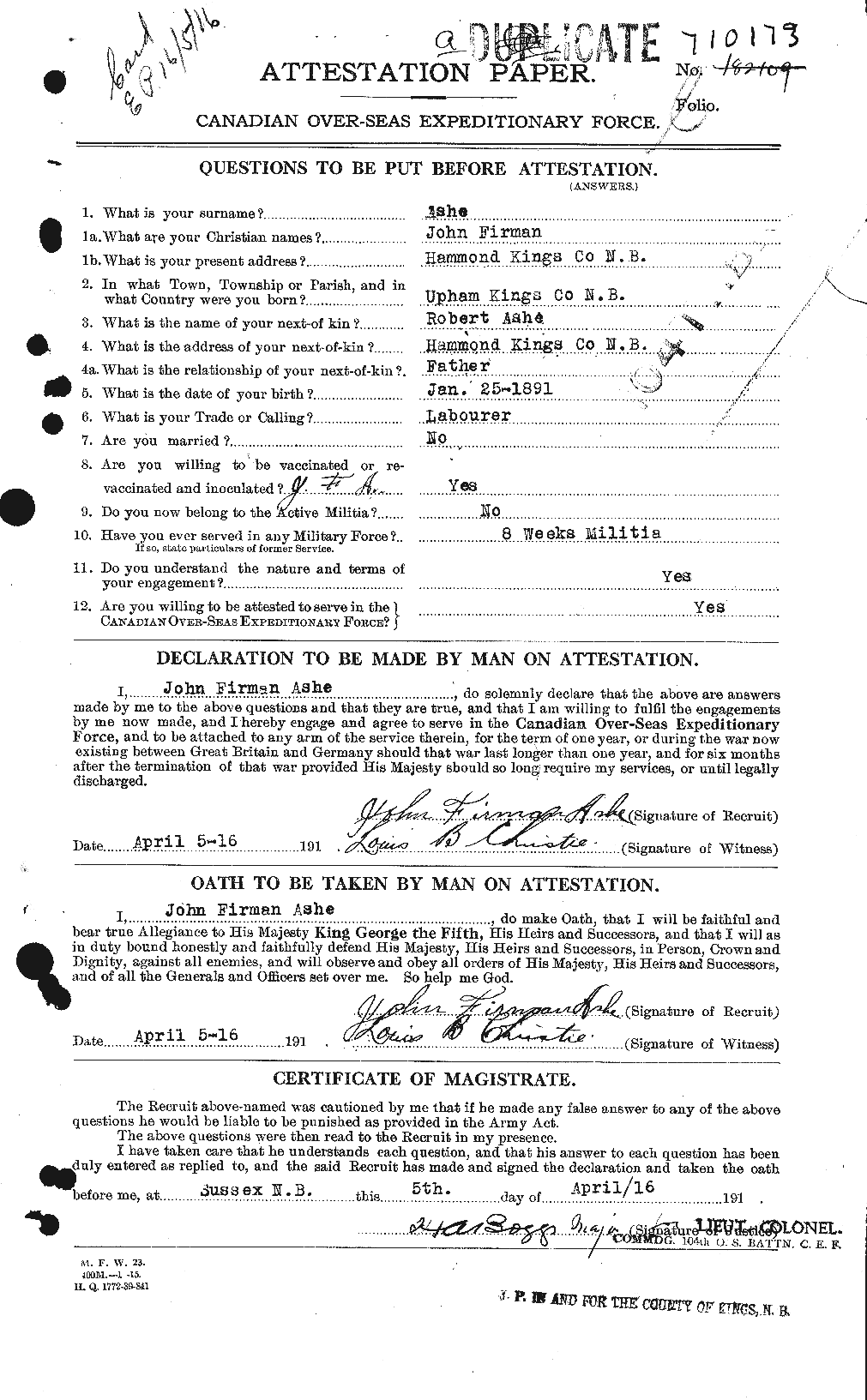 Dossiers du Personnel de la Première Guerre mondiale - CEC 223315a