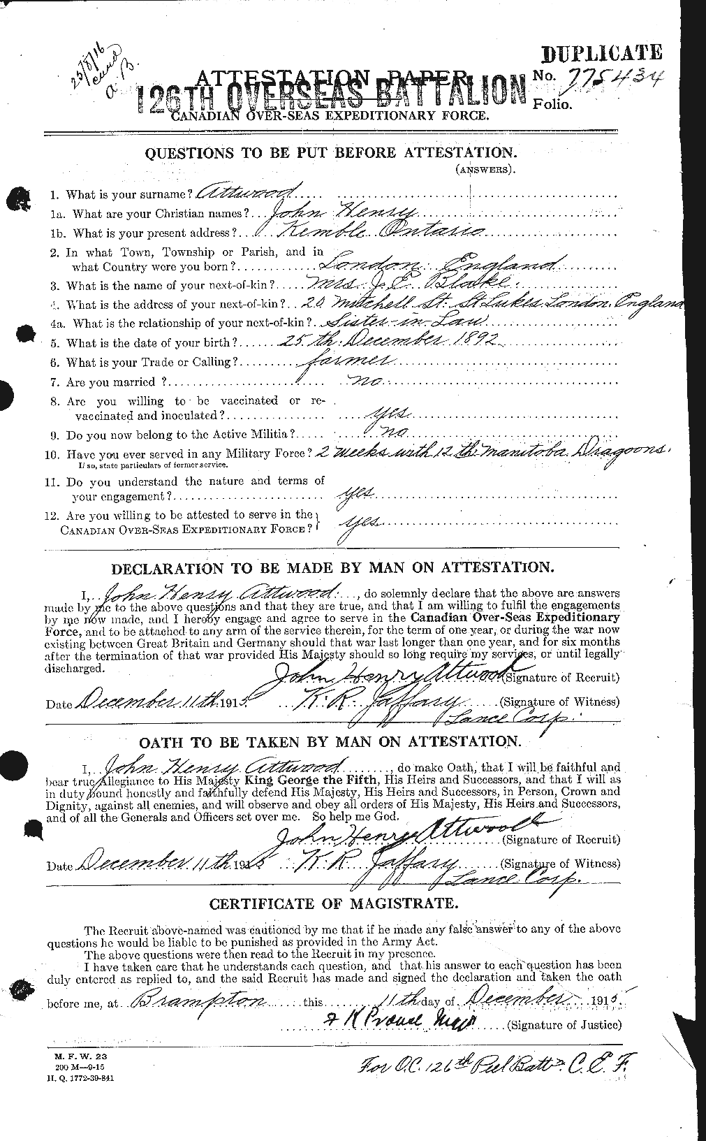 Personnel Records of the First World War - CEF 224007a