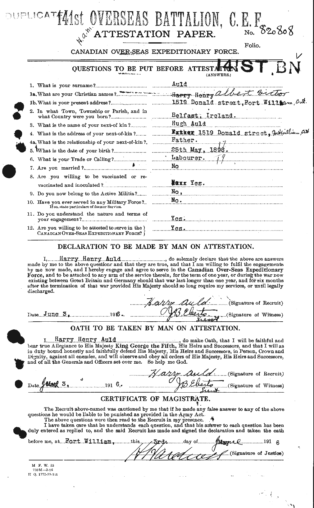 Dossiers du Personnel de la Première Guerre mondiale - CEC 224275a