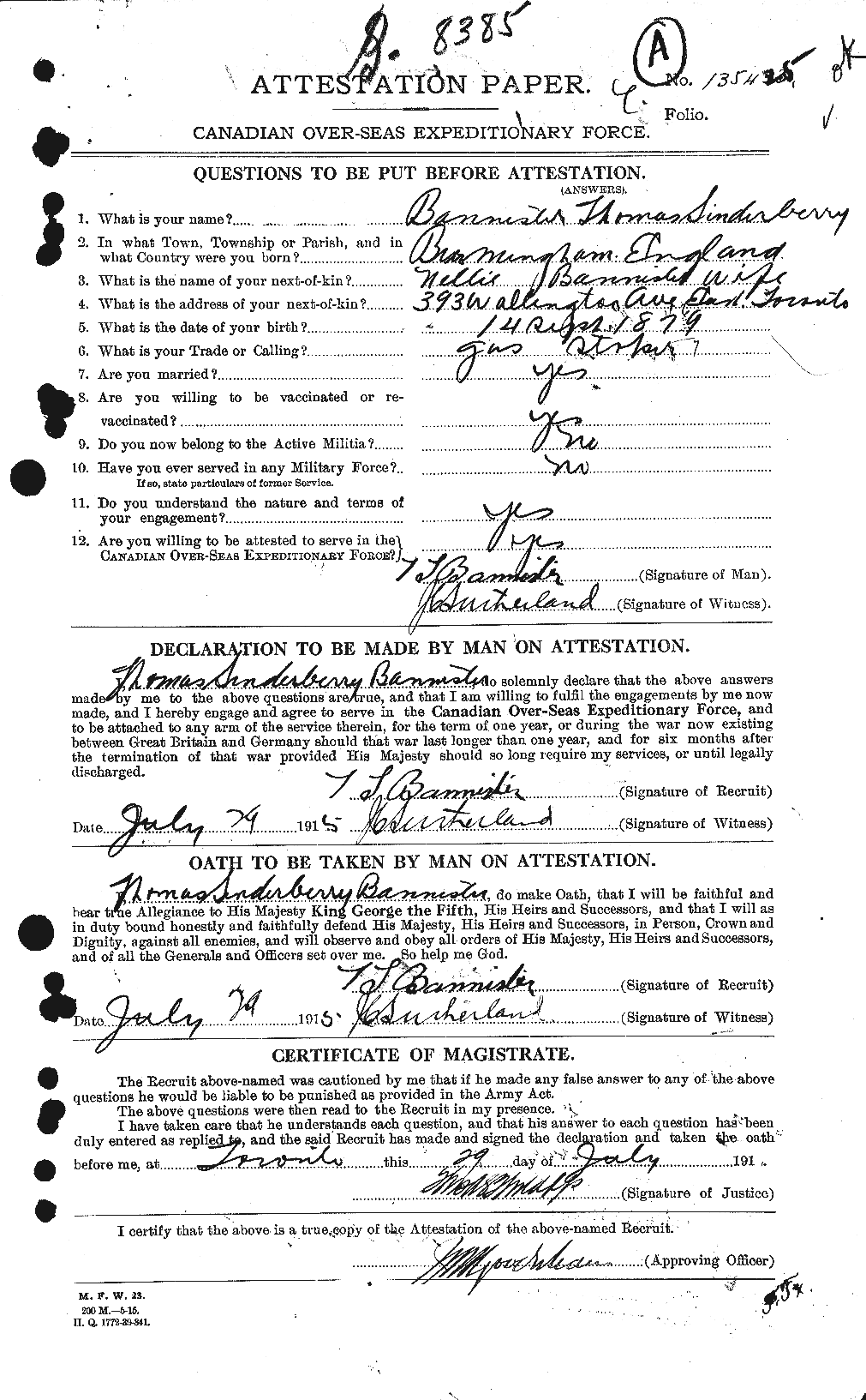 Dossiers du Personnel de la Première Guerre mondiale - CEC 224759a