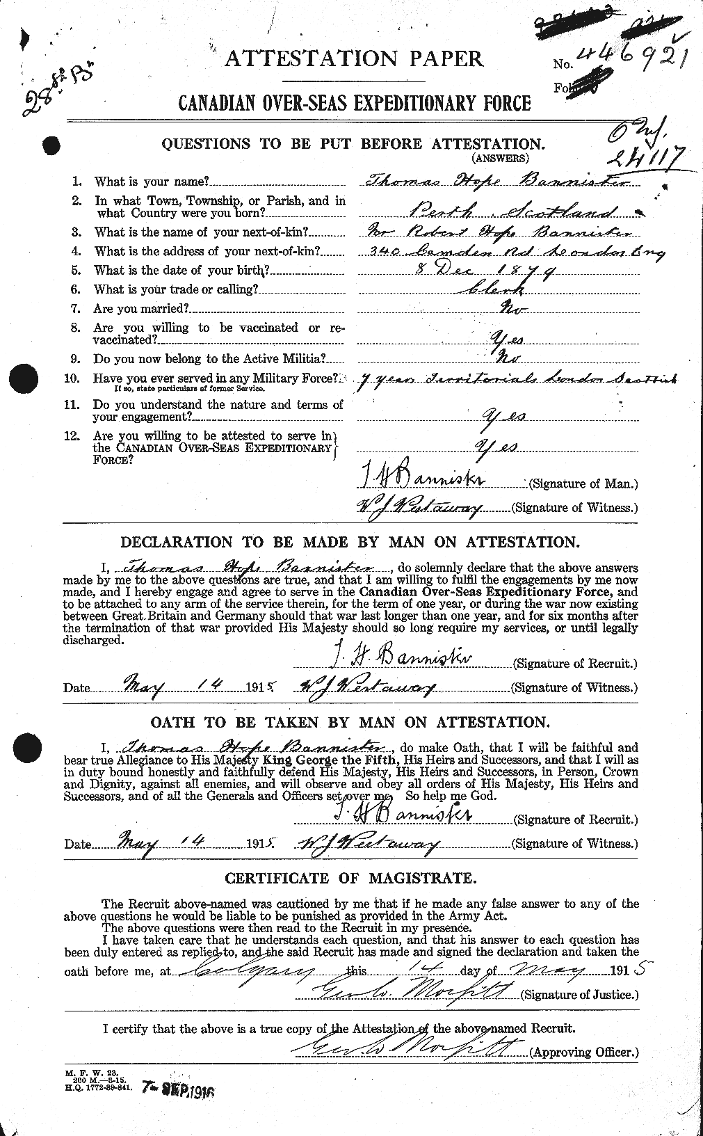 Dossiers du Personnel de la Première Guerre mondiale - CEC 224761a