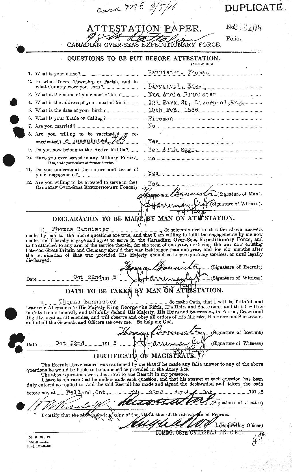 Dossiers du Personnel de la Première Guerre mondiale - CEC 224763a