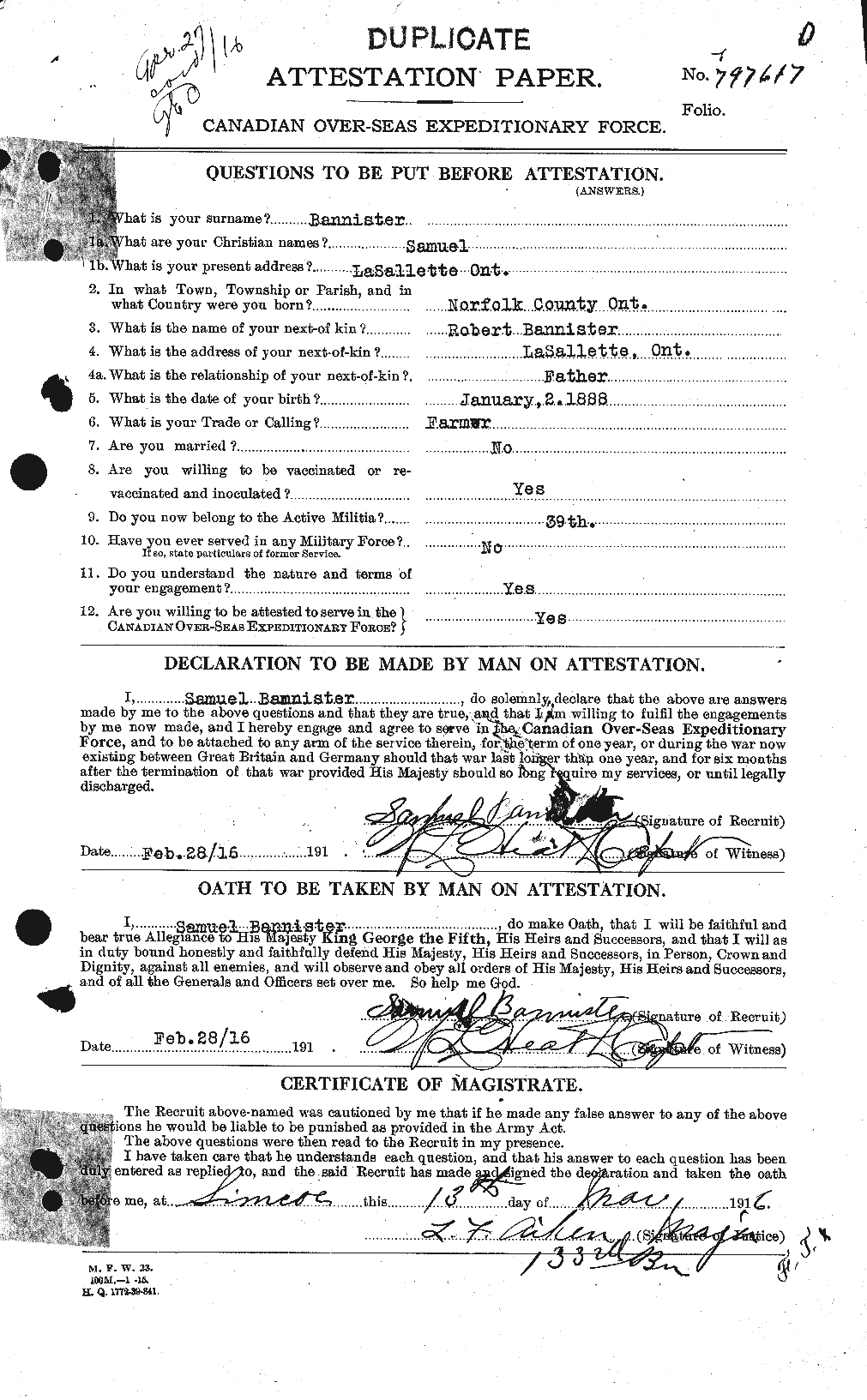 Dossiers du Personnel de la Première Guerre mondiale - CEC 224765a
