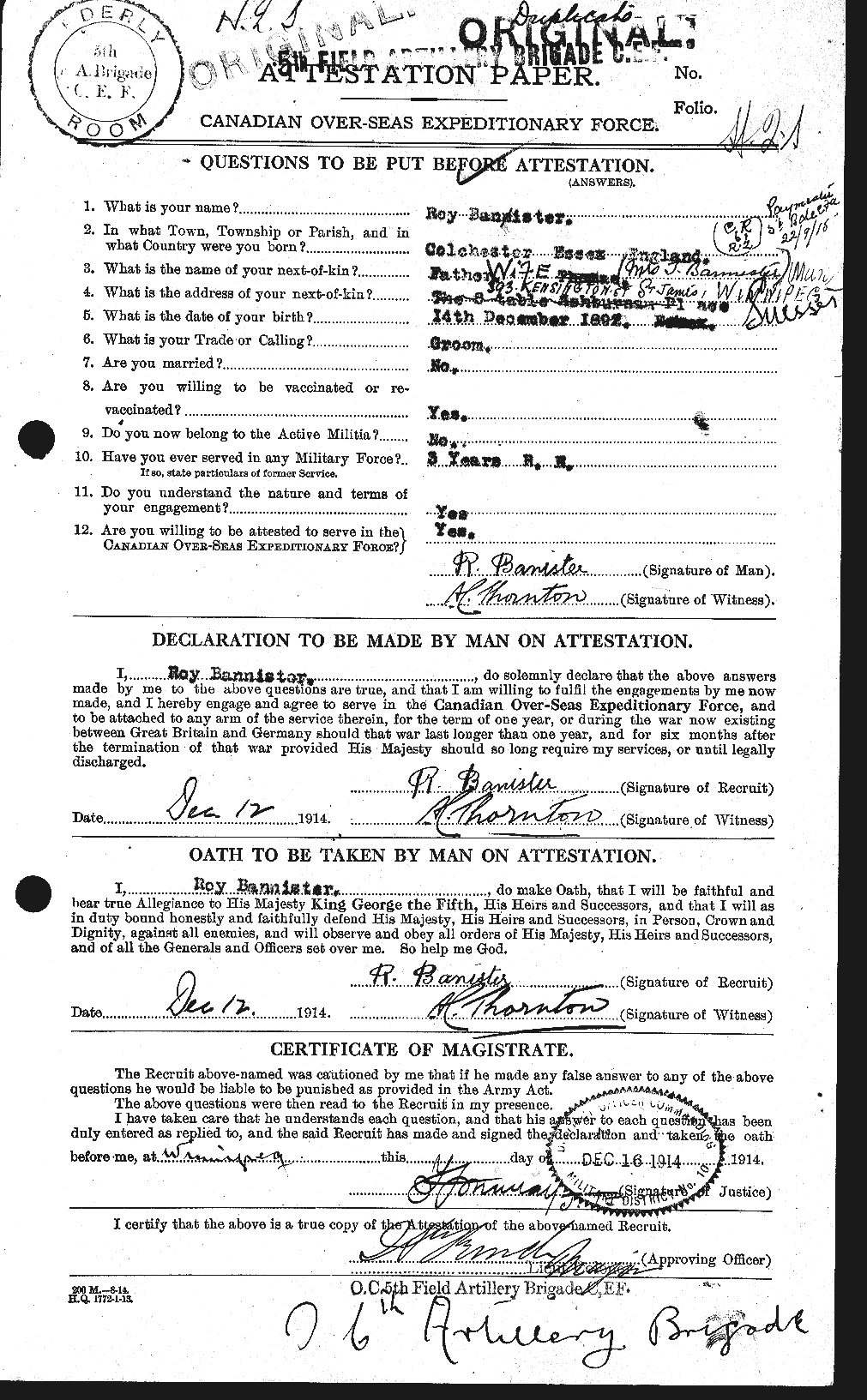 Dossiers du Personnel de la Première Guerre mondiale - CEC 224766a