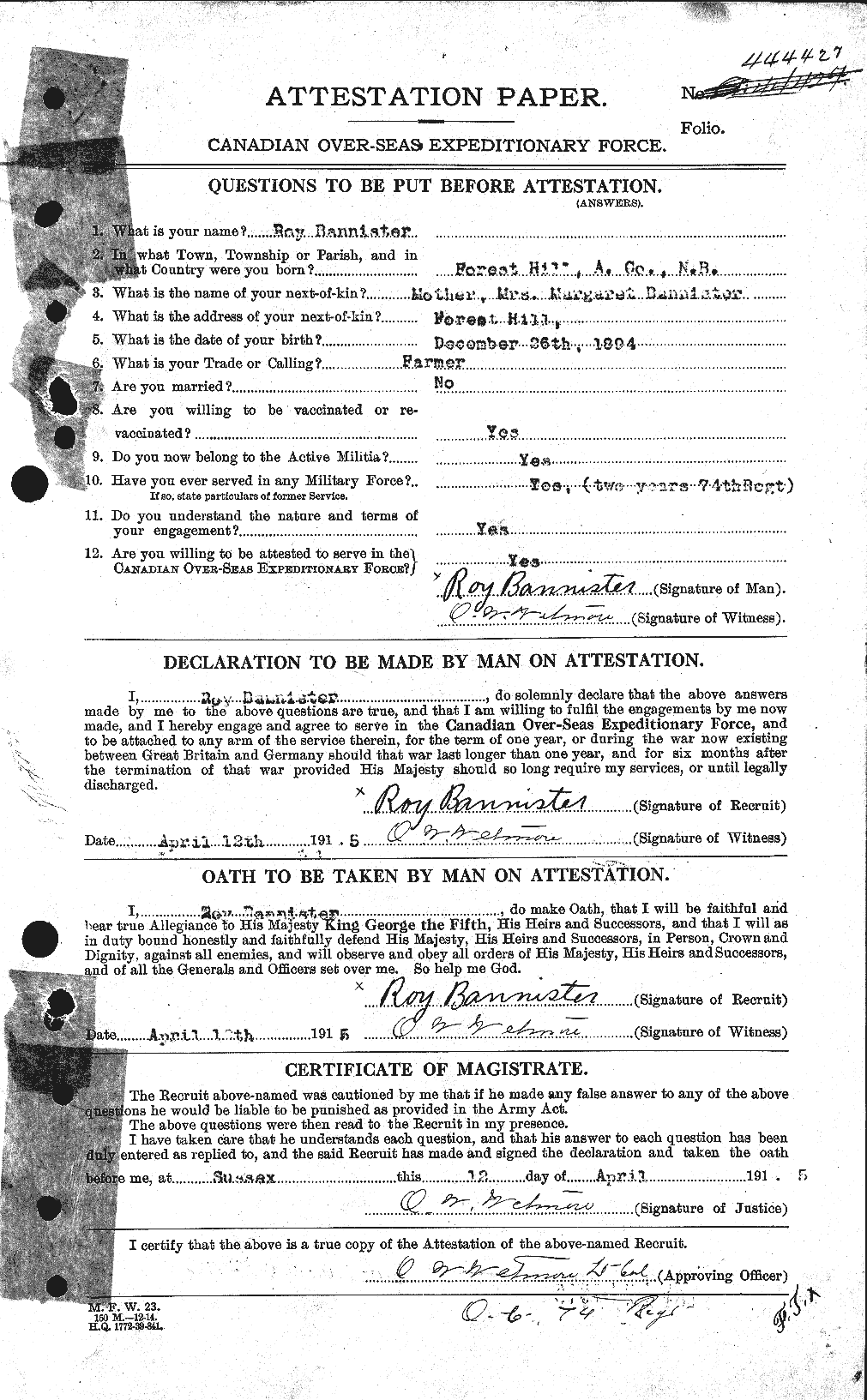 Dossiers du Personnel de la Première Guerre mondiale - CEC 224767a