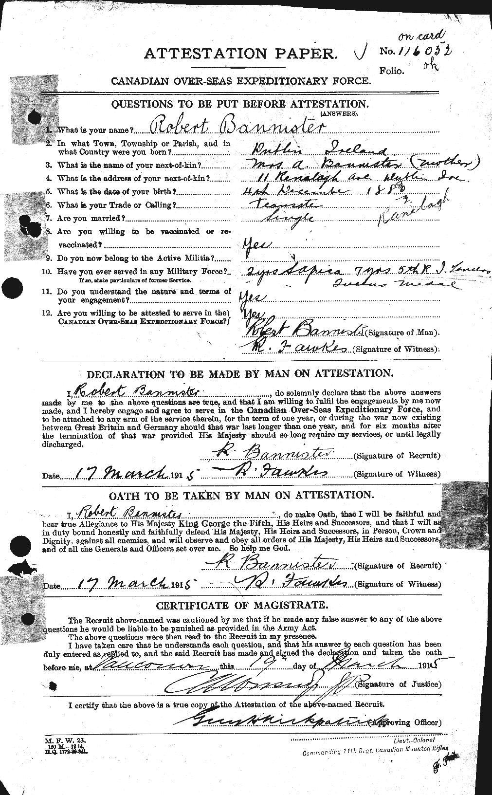 Dossiers du Personnel de la Première Guerre mondiale - CEC 224770a