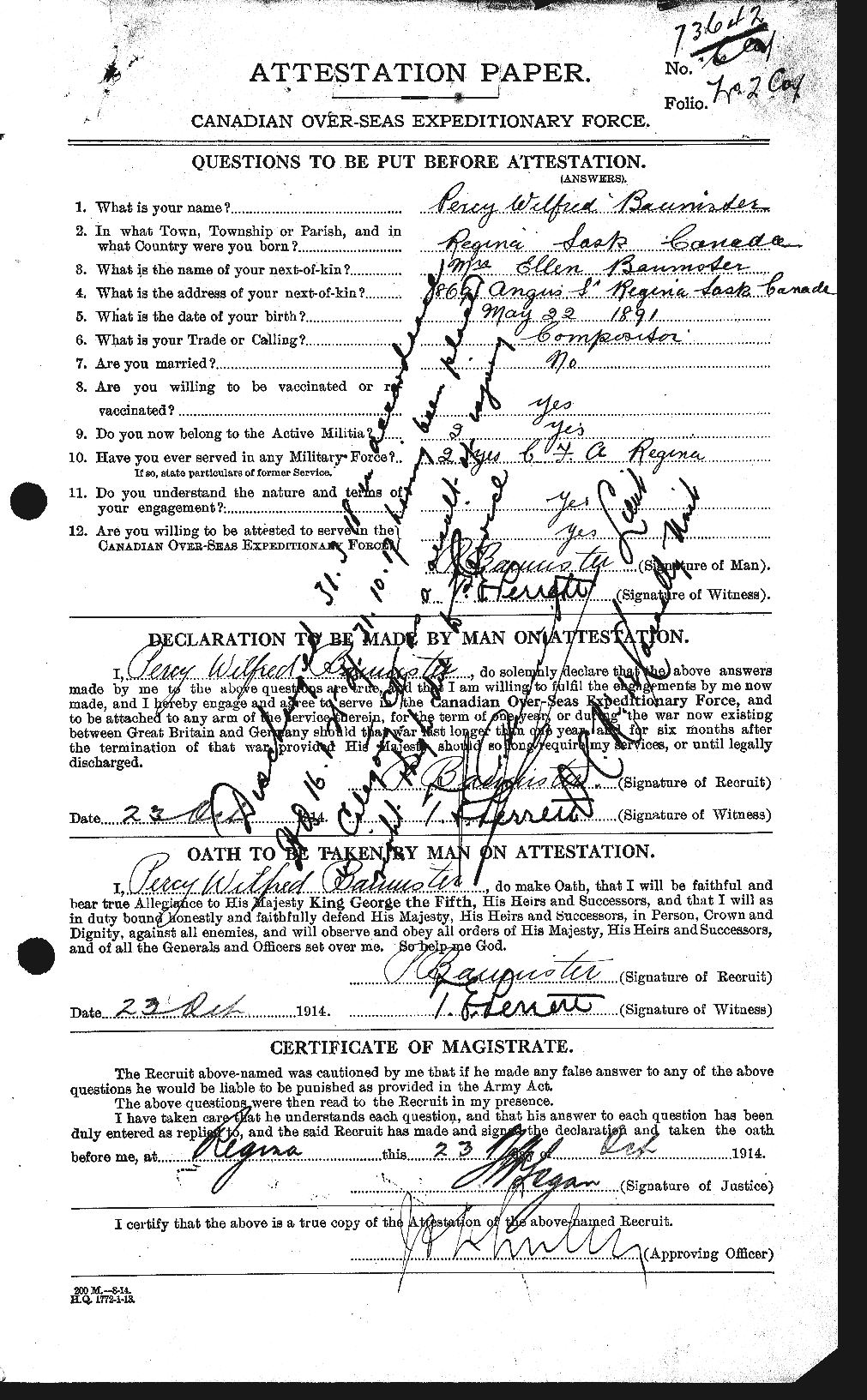 Dossiers du Personnel de la Première Guerre mondiale - CEC 224774a
