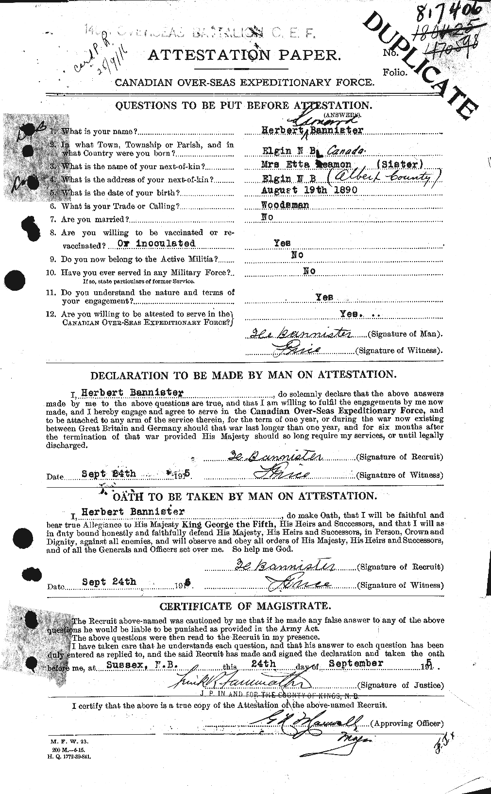 Dossiers du Personnel de la Première Guerre mondiale - CEC 224786a