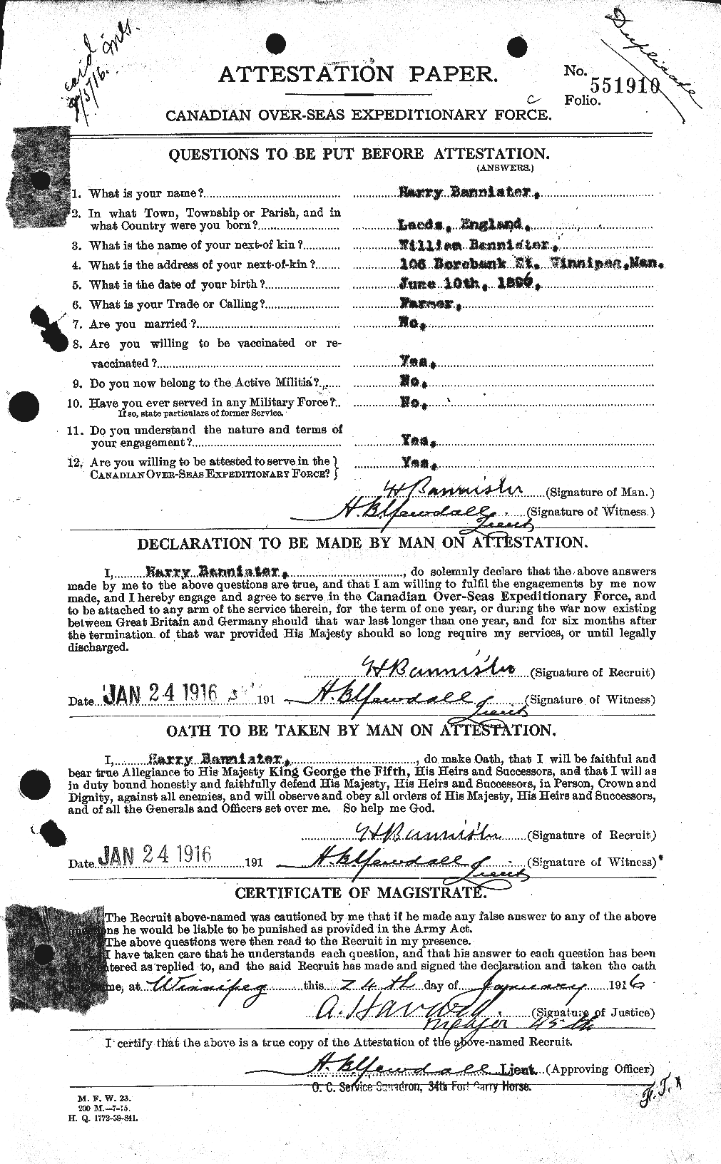 Dossiers du Personnel de la Première Guerre mondiale - CEC 224789a