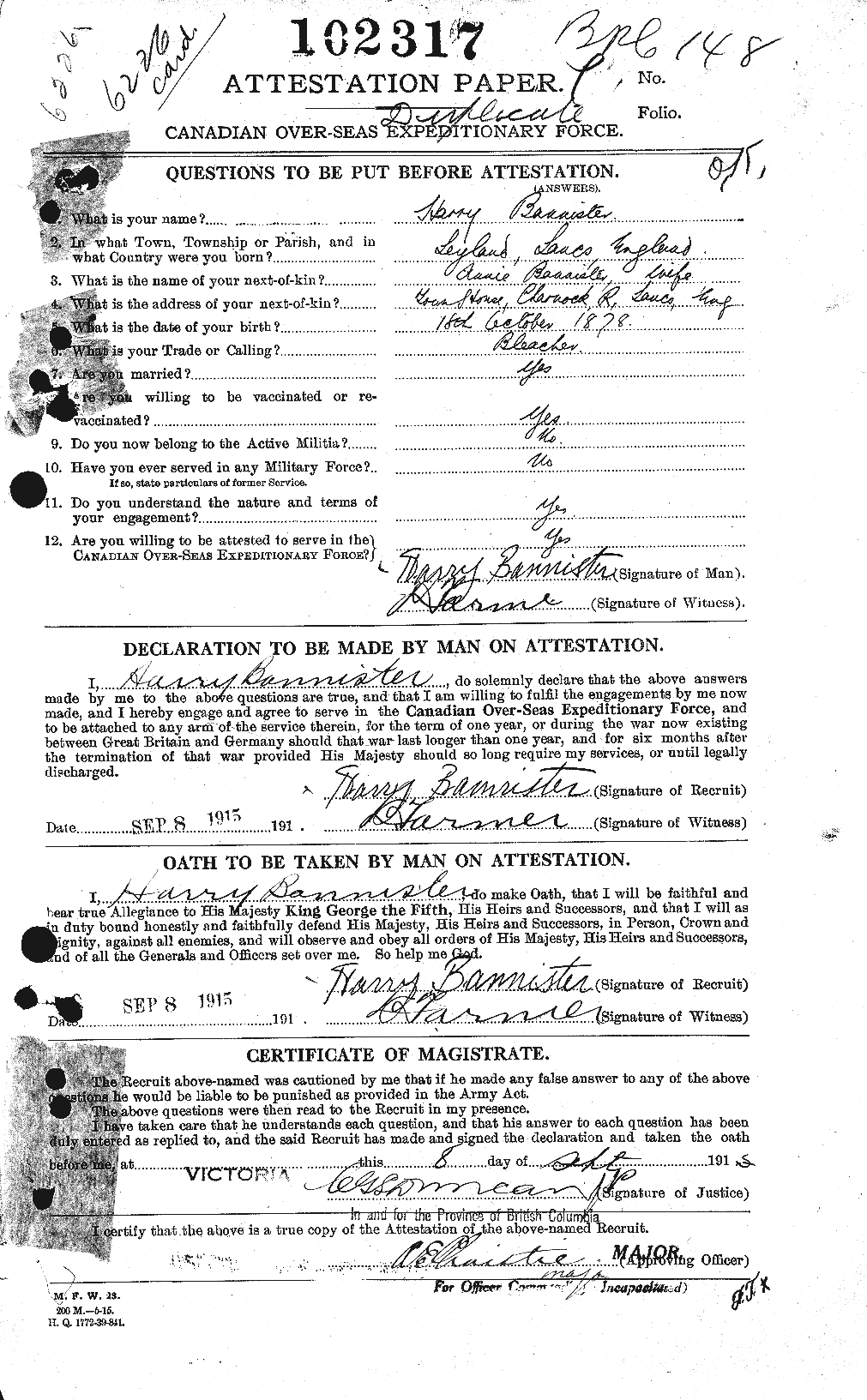 Dossiers du Personnel de la Première Guerre mondiale - CEC 224792a