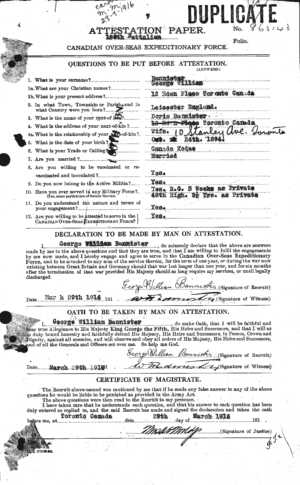 Dossiers du Personnel de la Première Guerre mondiale - CEC 224796a