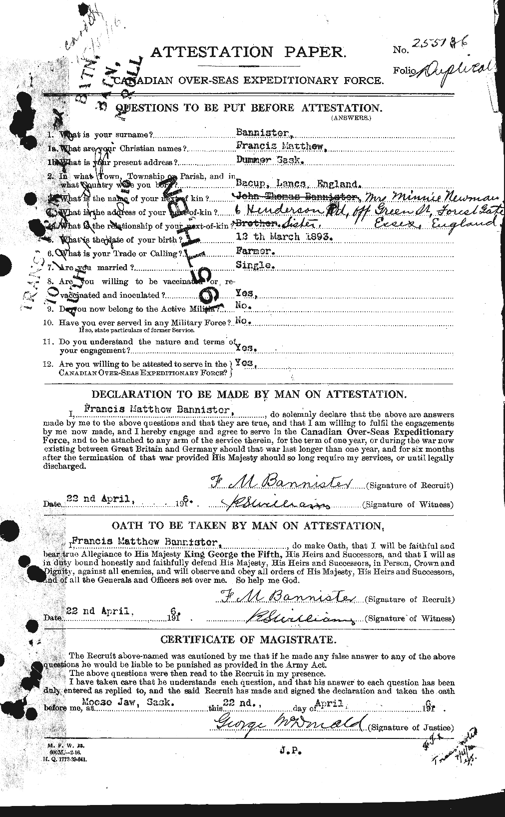 Dossiers du Personnel de la Première Guerre mondiale - CEC 224804a