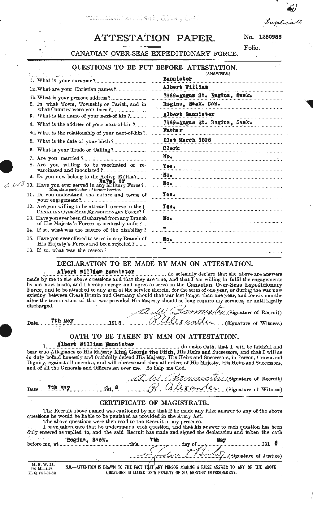 Dossiers du Personnel de la Première Guerre mondiale - CEC 224814a