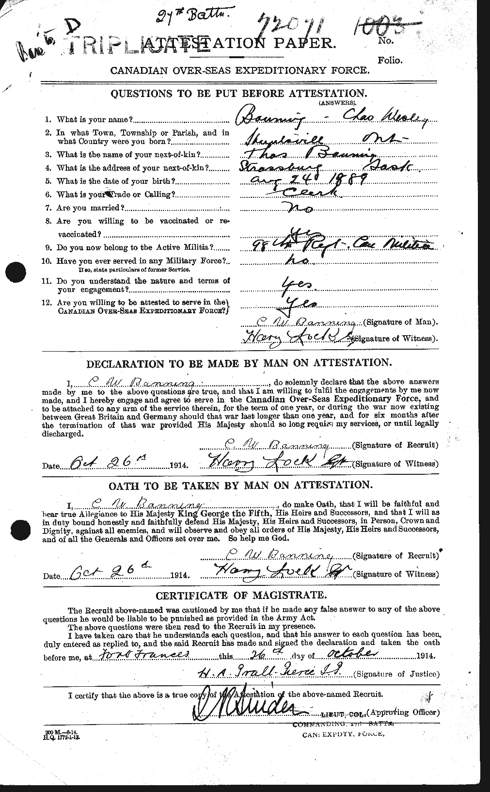 Dossiers du Personnel de la Première Guerre mondiale - CEC 224832a