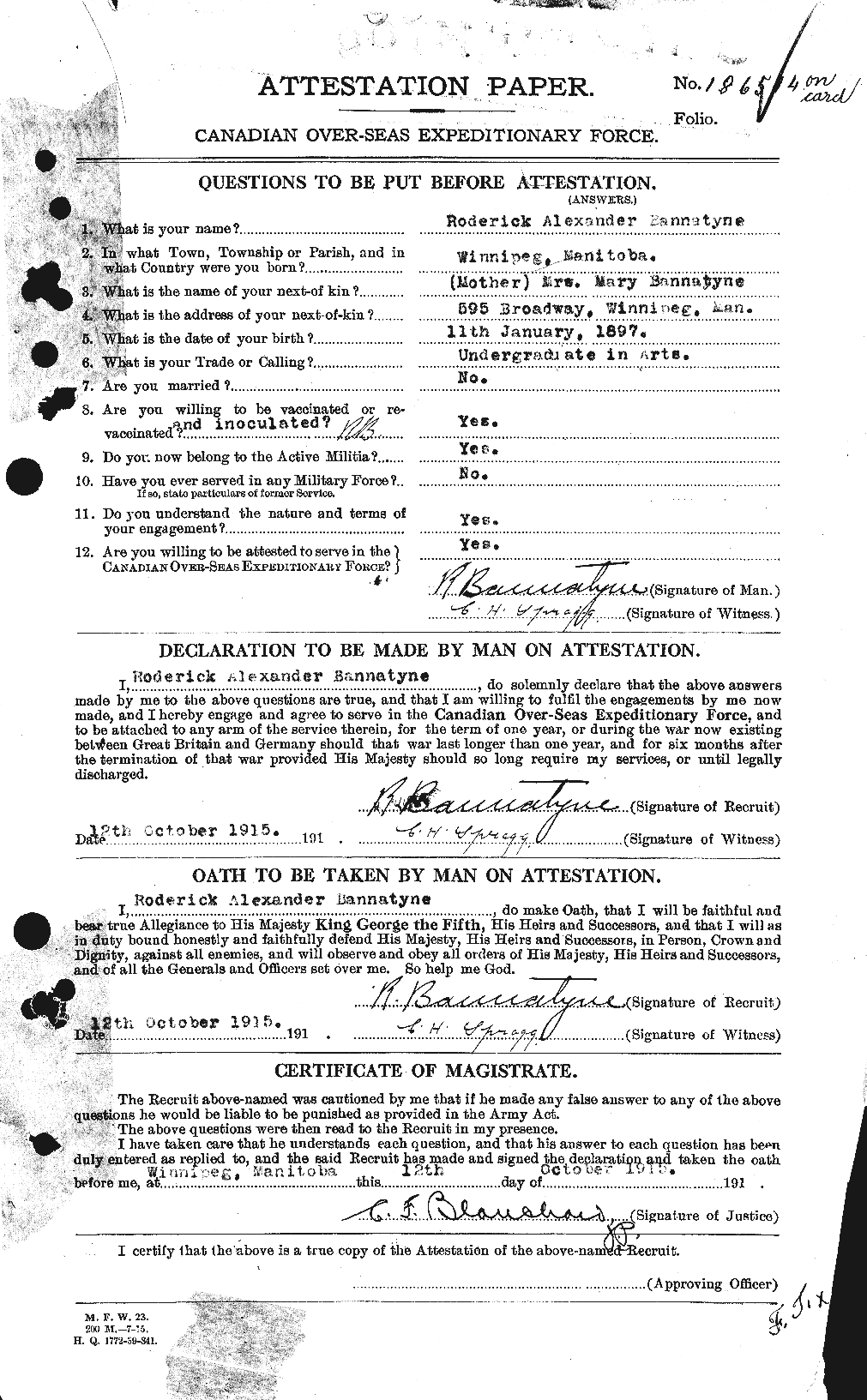 Dossiers du Personnel de la Première Guerre mondiale - CEC 224893a