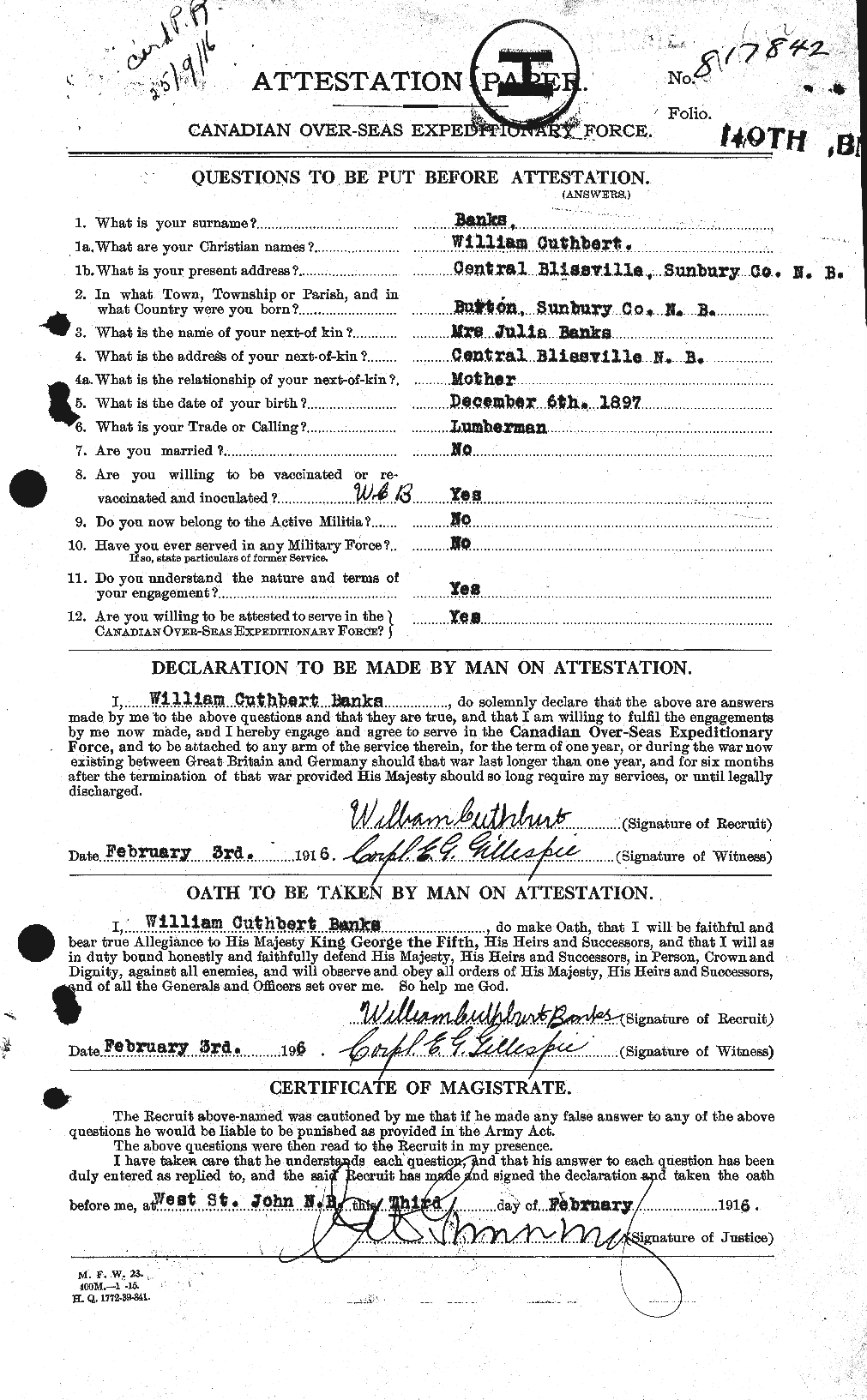 Dossiers du Personnel de la Première Guerre mondiale - CEC 224921a