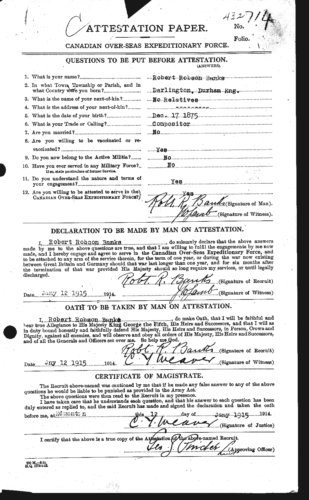 Dossiers du Personnel de la Première Guerre mondiale - CEC 224955a