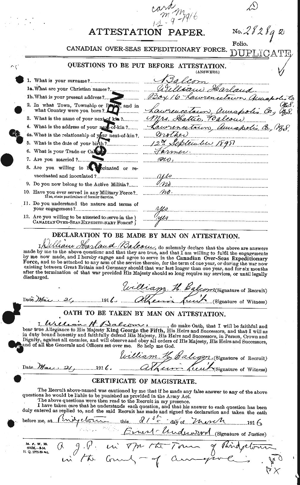 Dossiers du Personnel de la Première Guerre mondiale - CEC 225431a