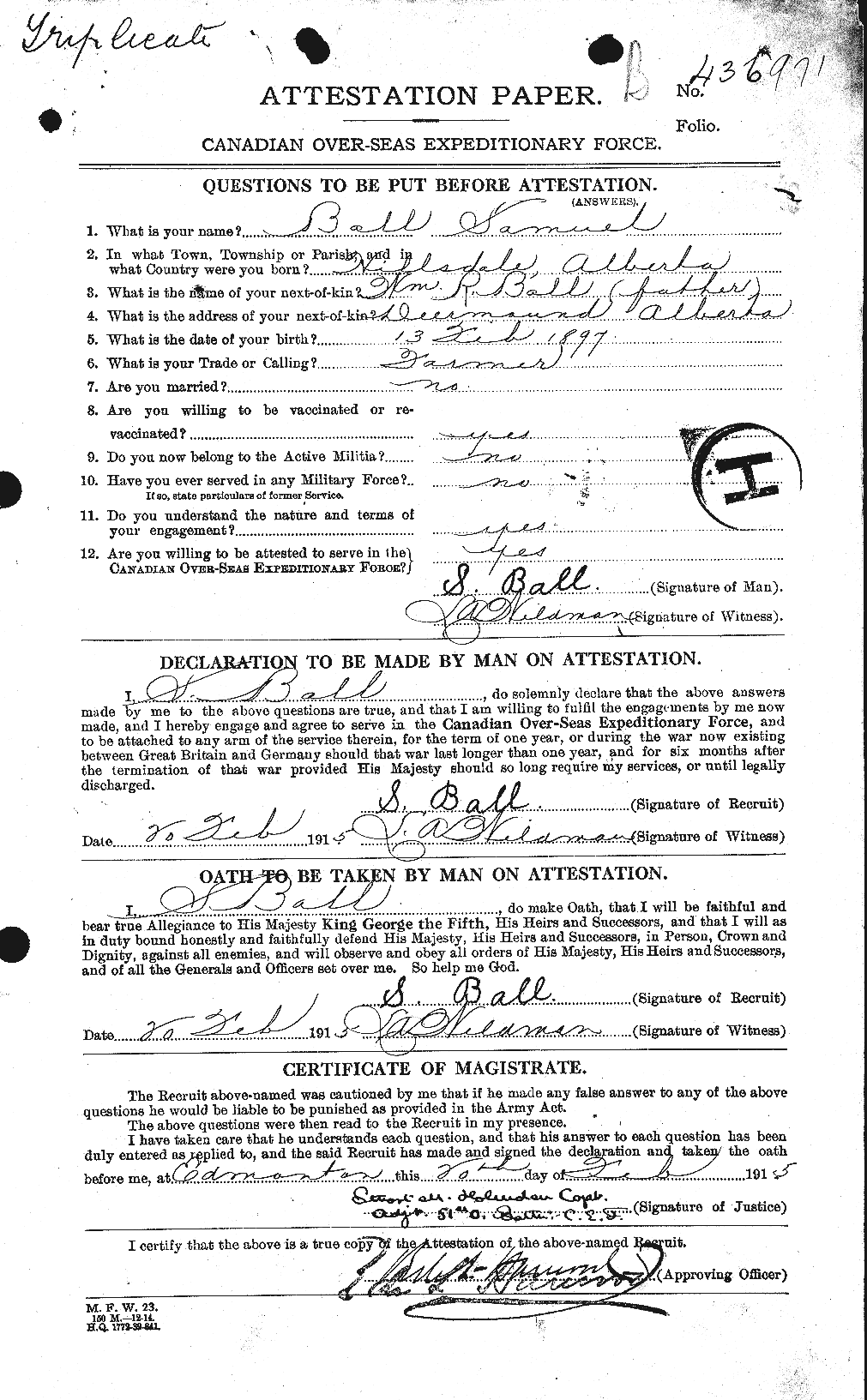Dossiers du Personnel de la Première Guerre mondiale - CEC 225611a